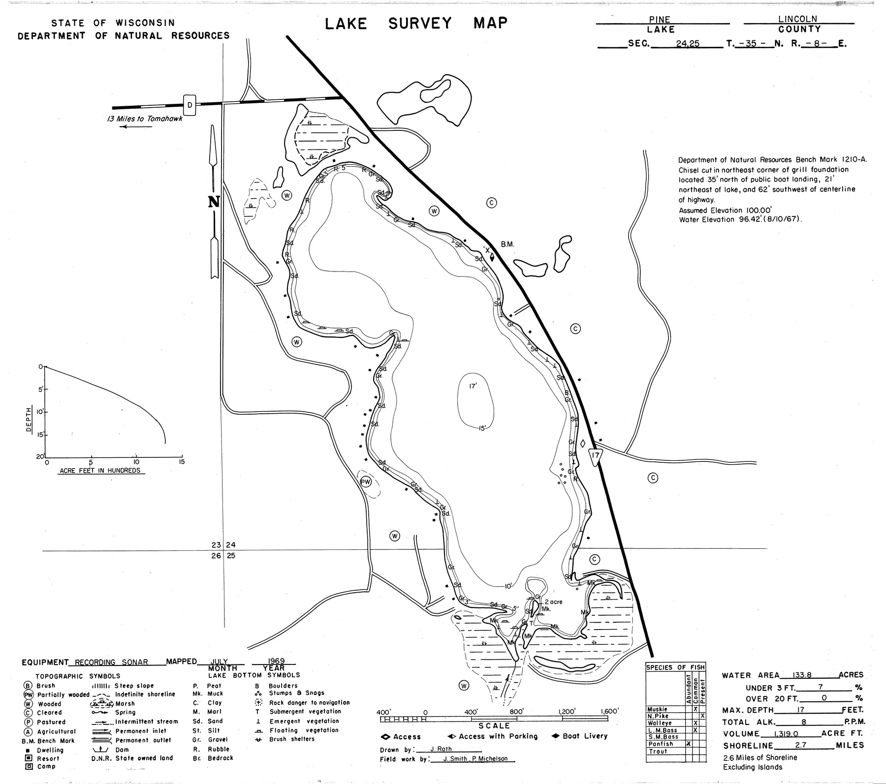 Pine Lake historical Wisconsin DNR depth map sheet 1