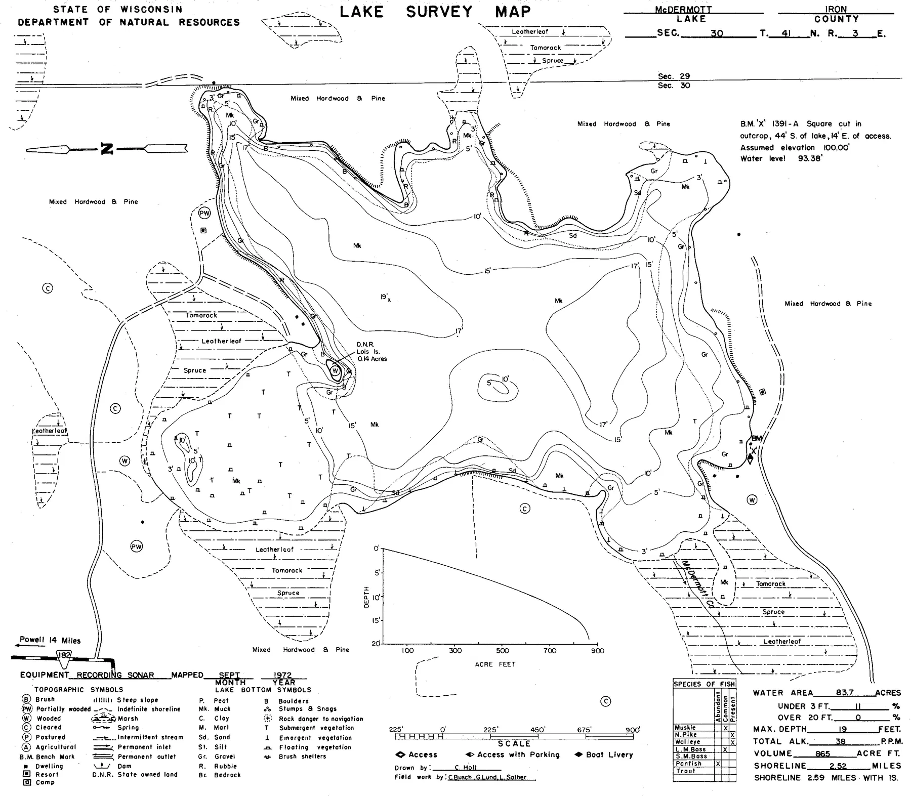 McDermott Lake historical Wisconsin DNR depth map sheet 1