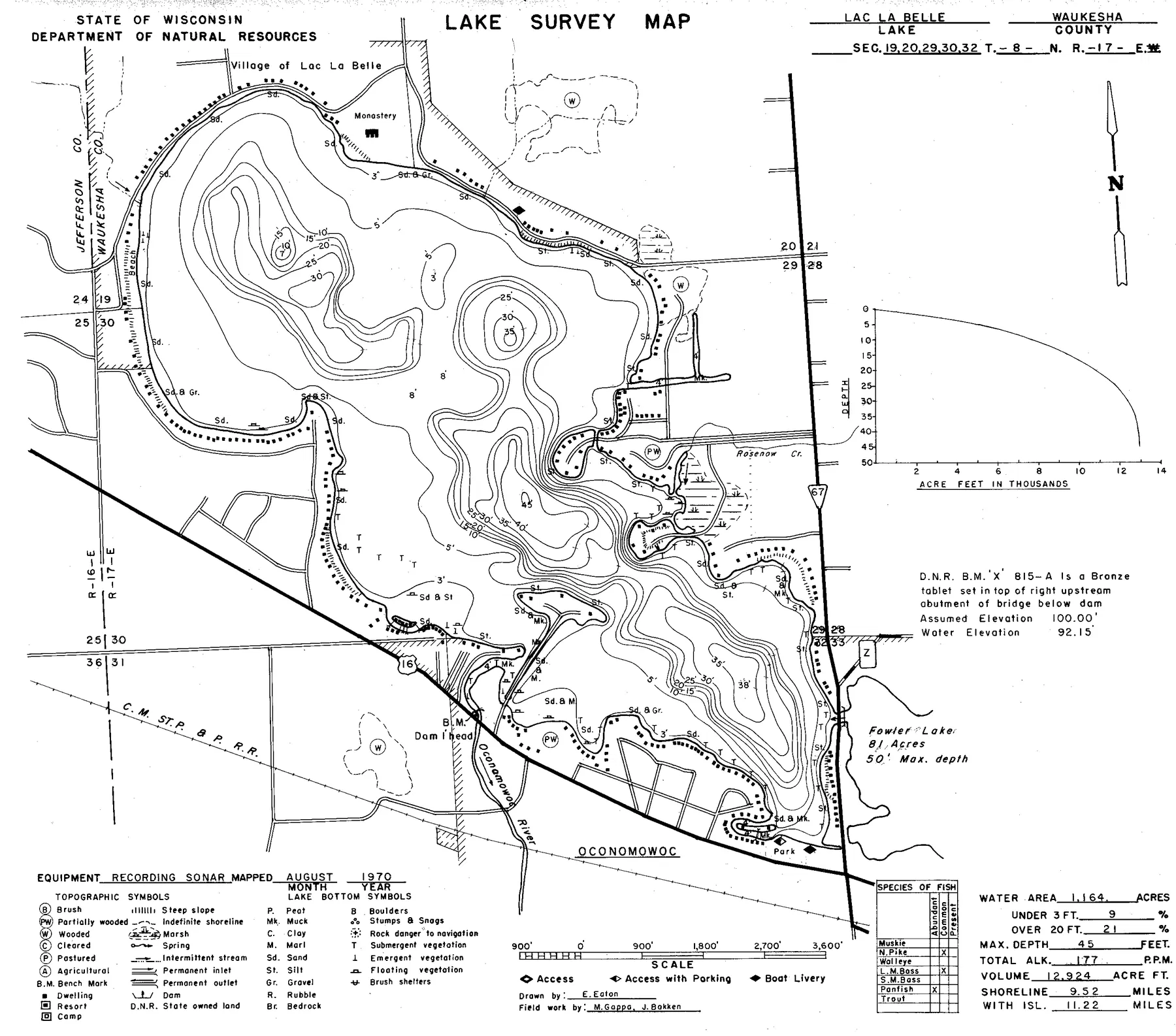 Lac La Belle historical Wisconsin DNR depth map sheet 1