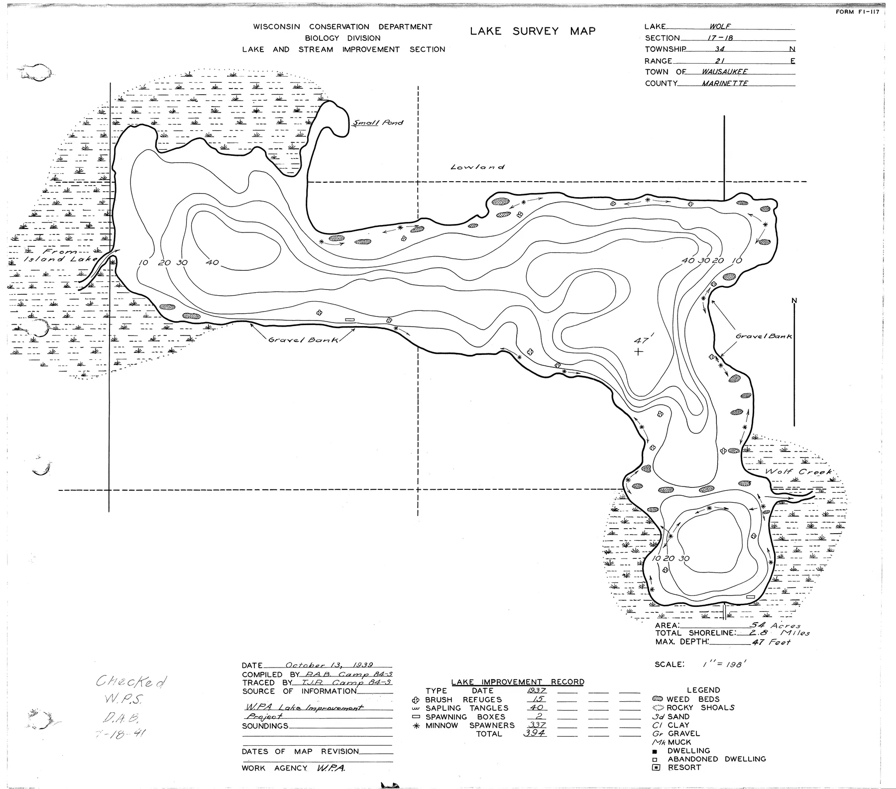 Wolf Lake historical Wisconsin DNR depth map sheet 1
