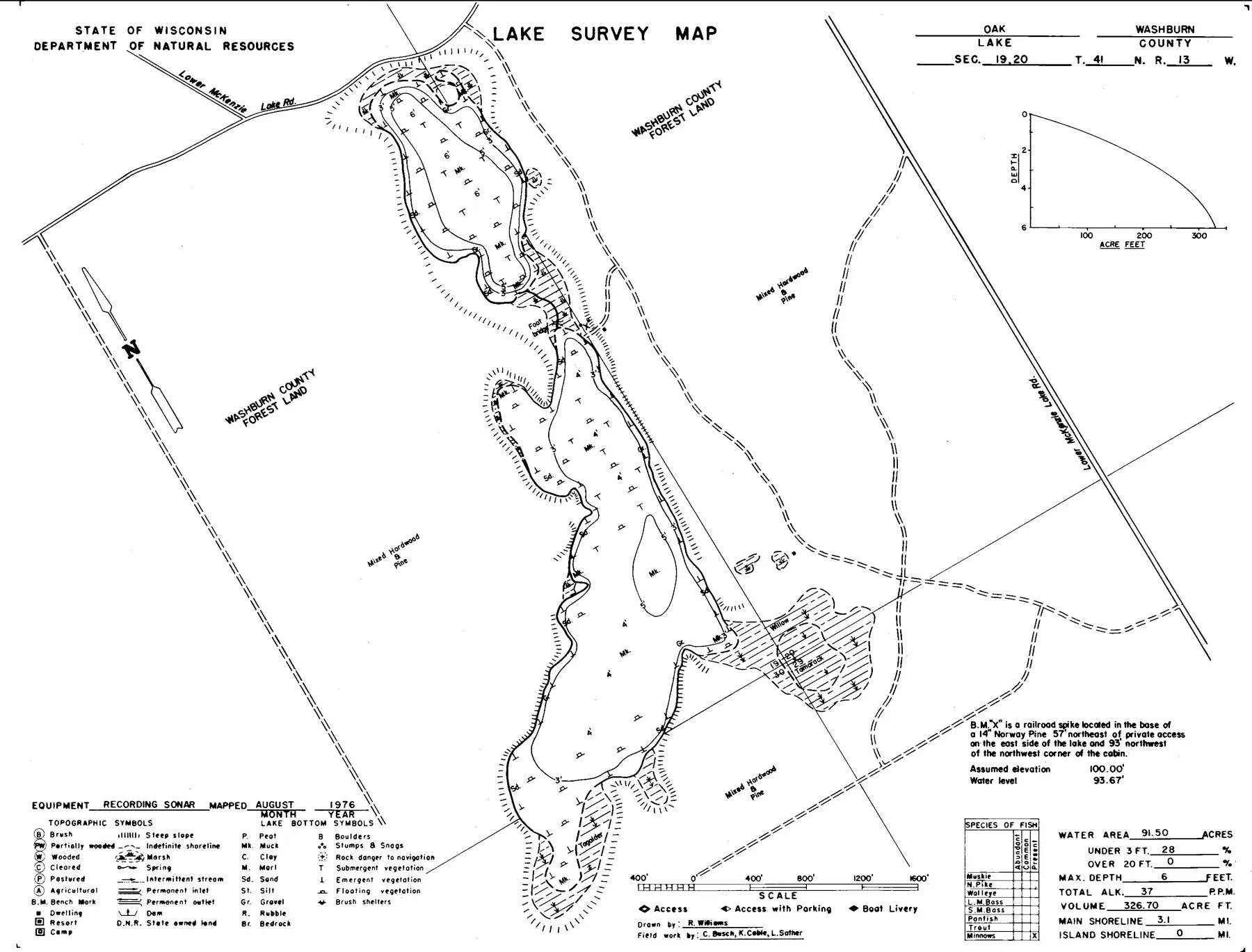 Oak Lake historical Wisconsin DNR depth map sheet 1