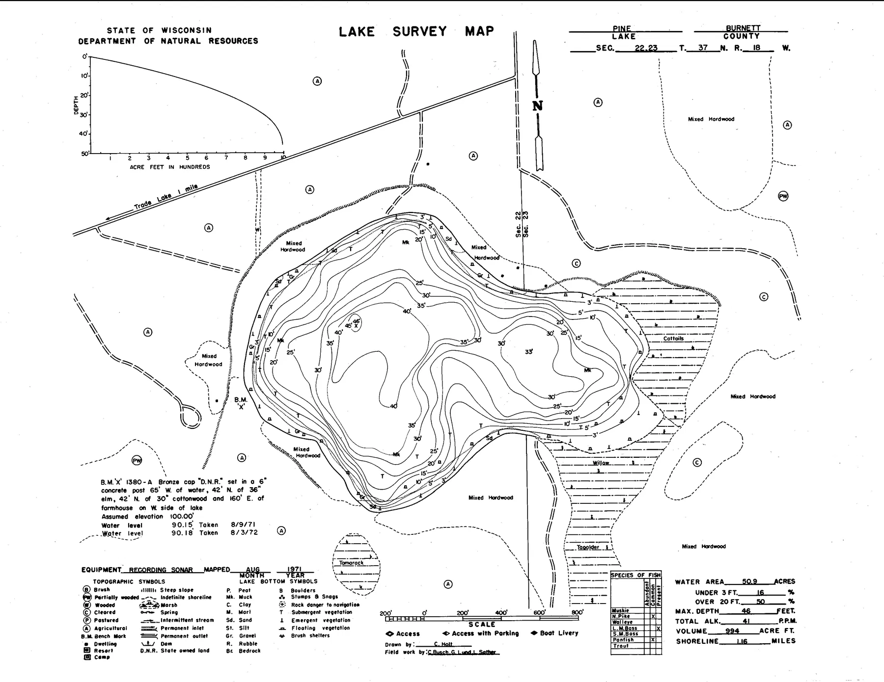 Pine Lake historical Wisconsin DNR depth map sheet 1