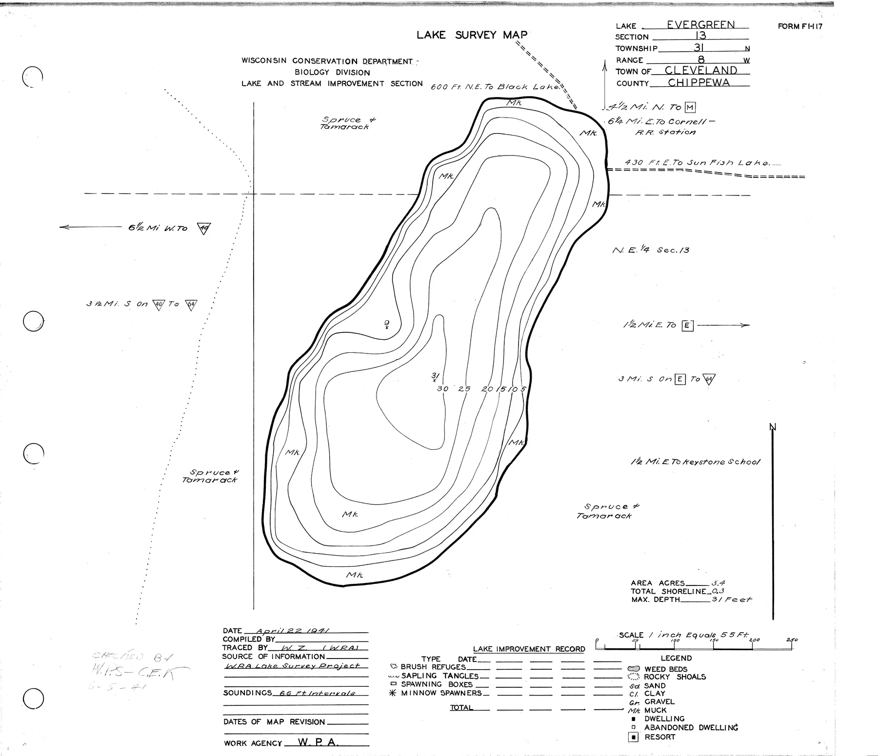 Evergreen Lake historical Wisconsin DNR depth map sheet 1