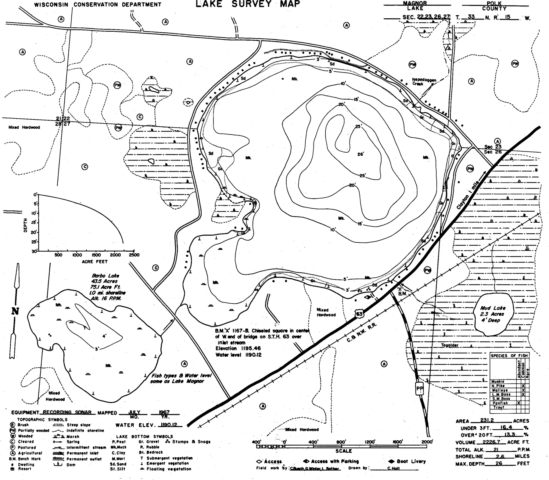 Magnor Lake historical Wisconsin DNR depth map sheet 1