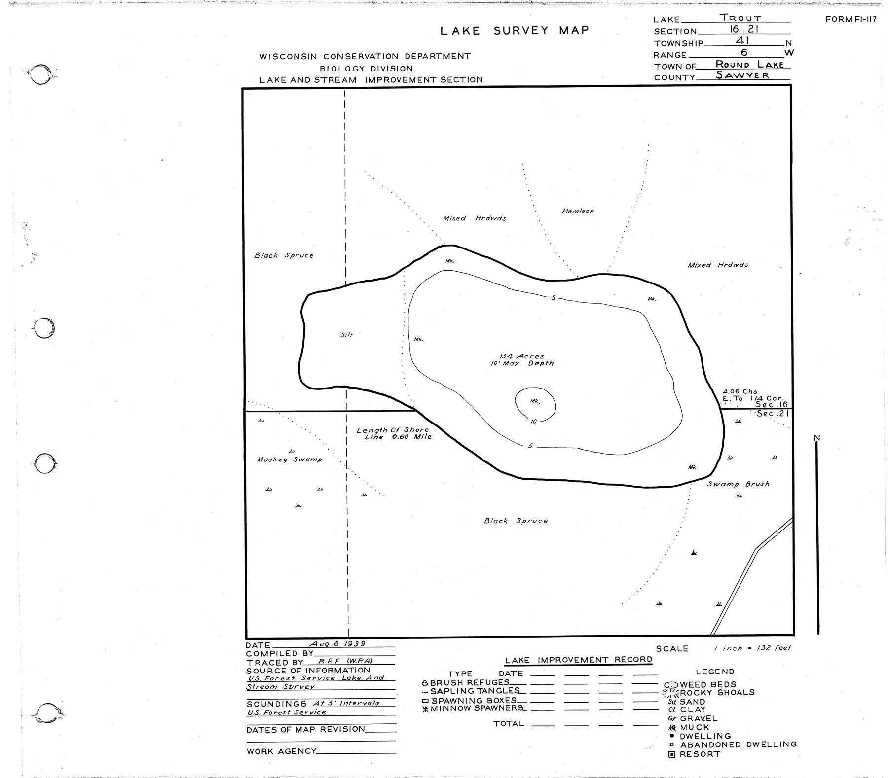 Trout Lake historical Wisconsin DNR depth map sheet 1