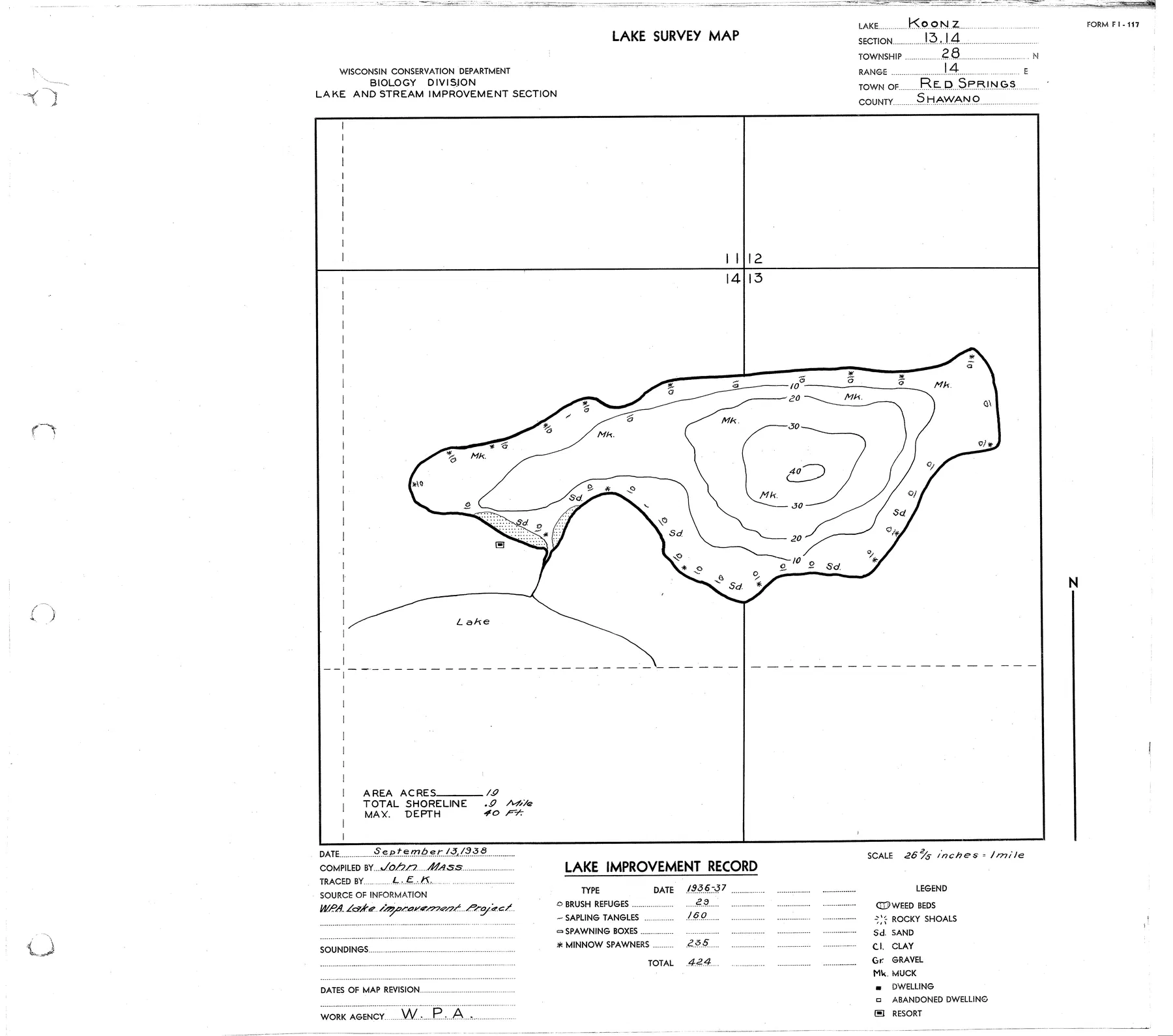 Koonz Lake historical Wisconsin DNR depth map sheet 1