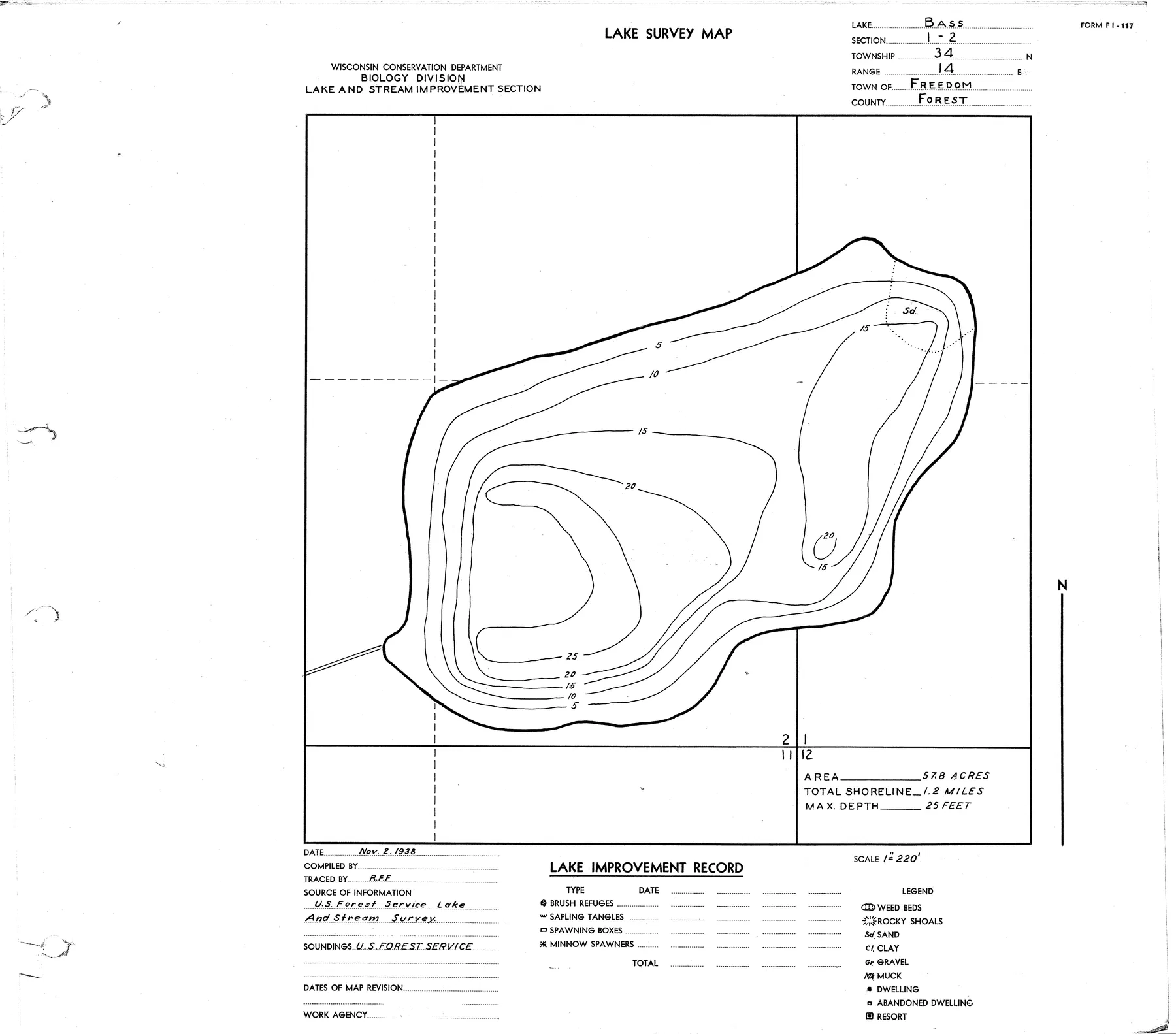 Bass Lake historical Wisconsin DNR depth map sheet 1
