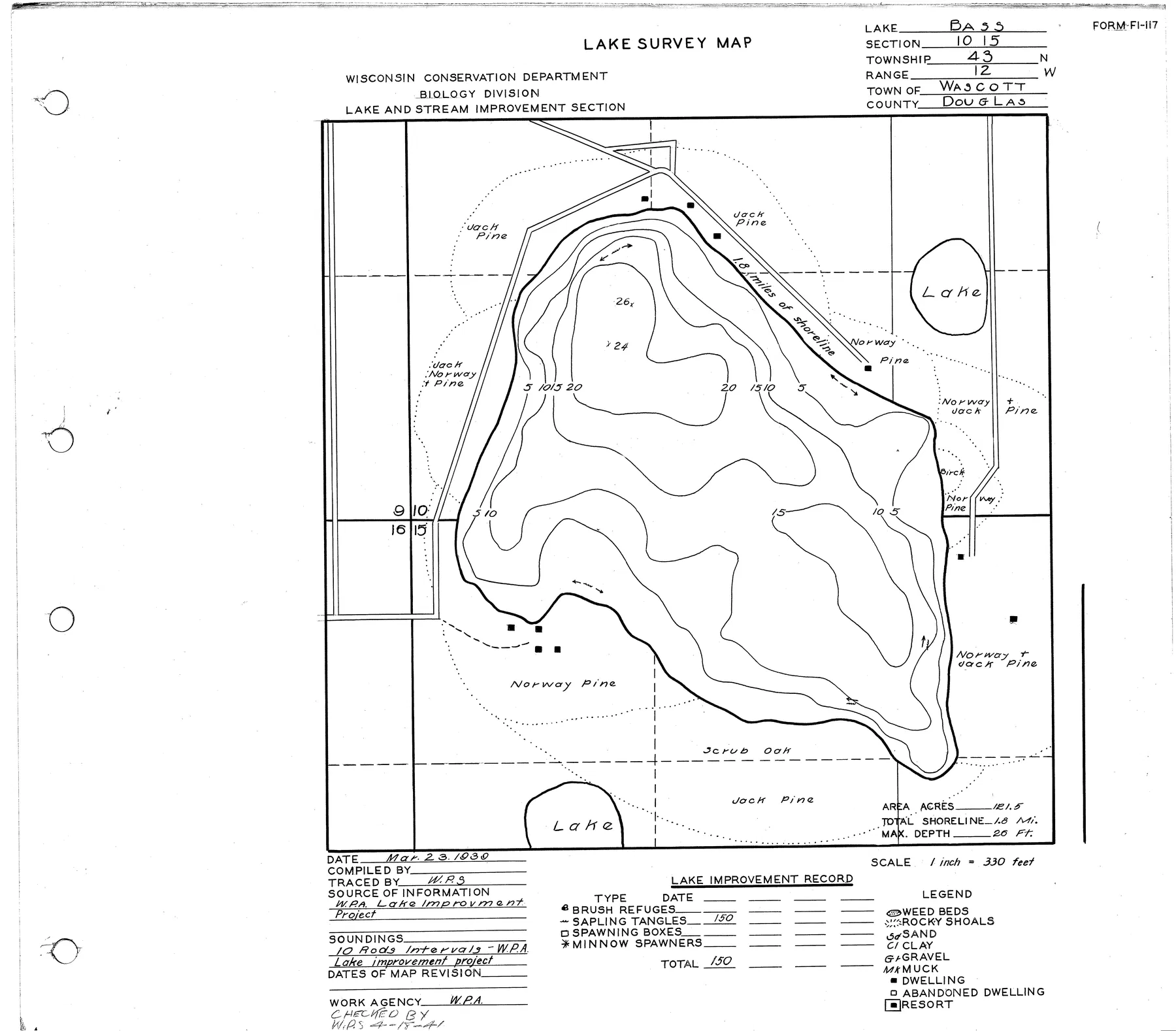 Bass Lake historical Wisconsin DNR depth map sheet 1