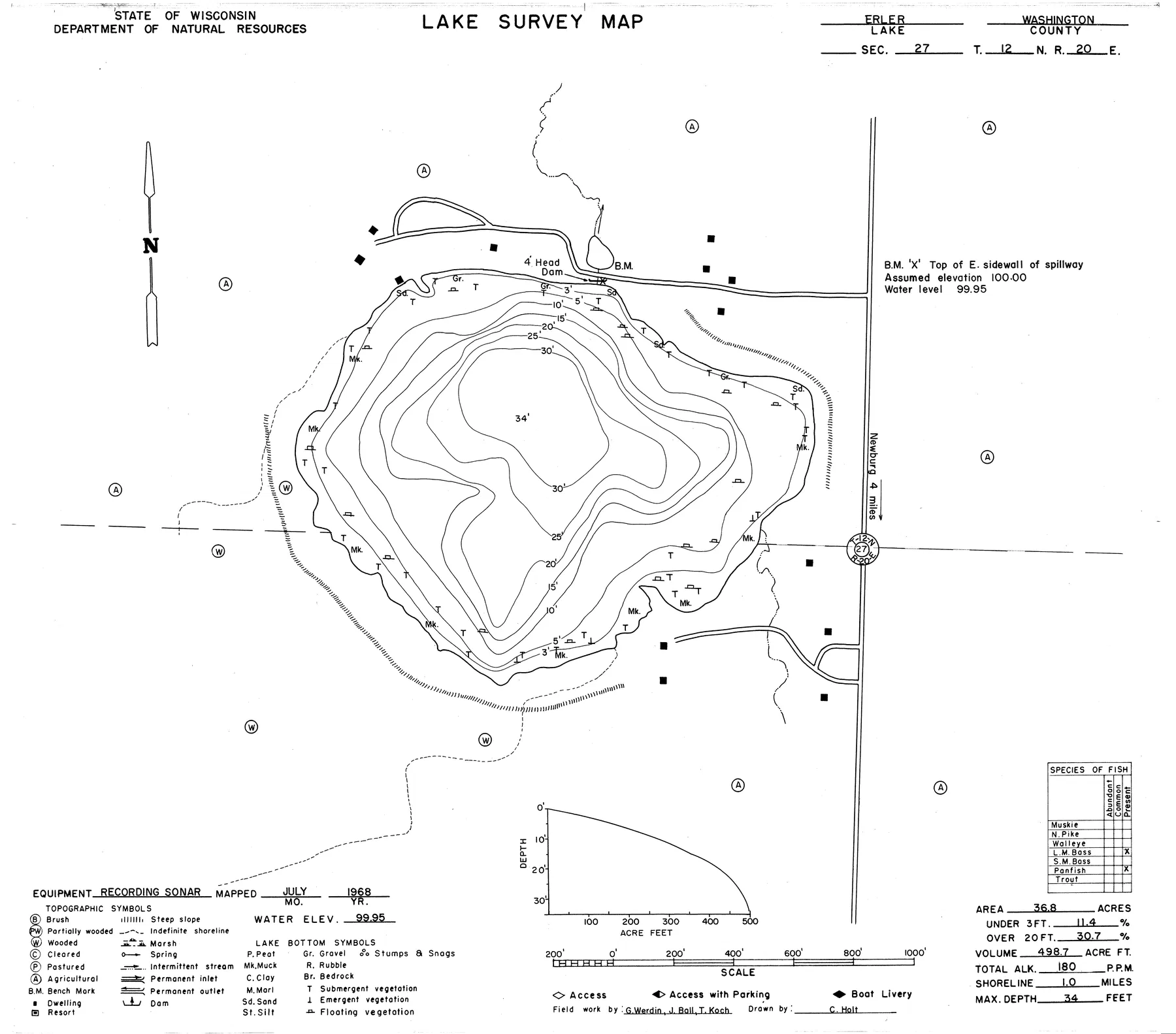 Erler Lake historical Wisconsin DNR depth map sheet 1