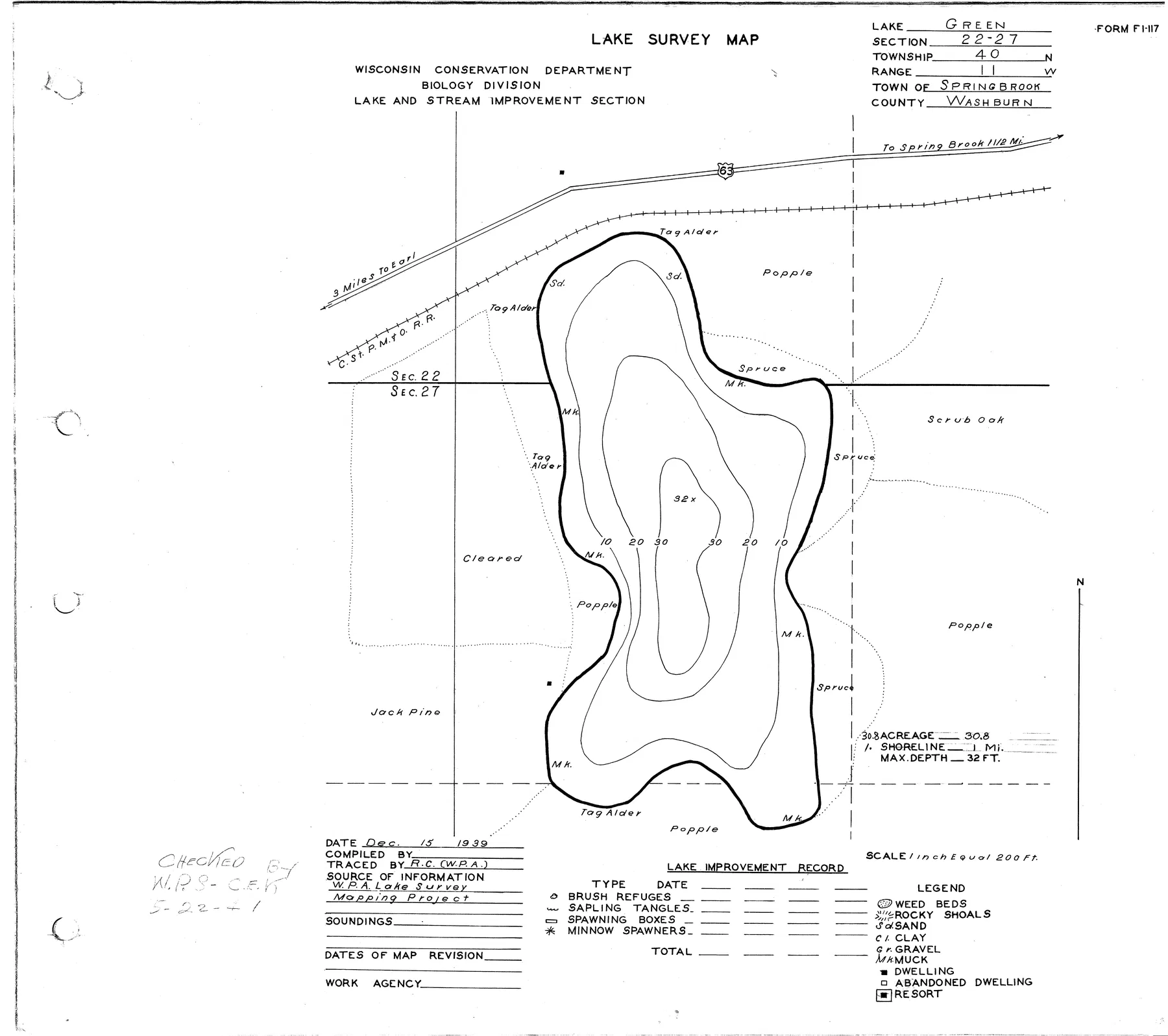 Green Lake historical Wisconsin DNR depth map sheet 1