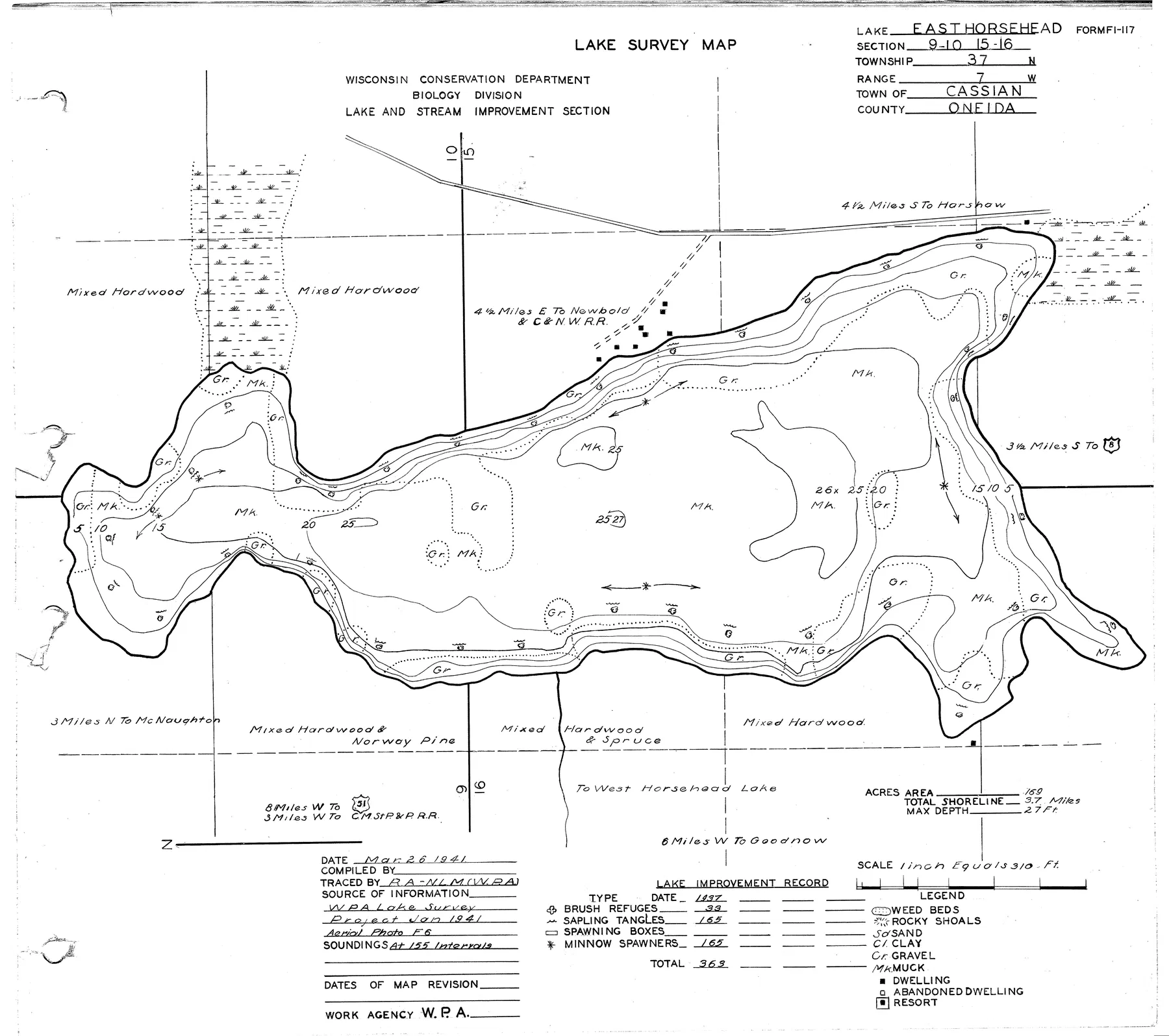 East Horsehead Lake historical Wisconsin DNR depth map sheet 1