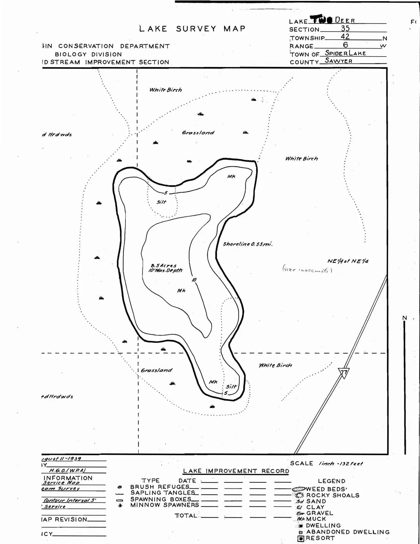 Two Deer Lake historical Wisconsin DNR depth map sheet 1