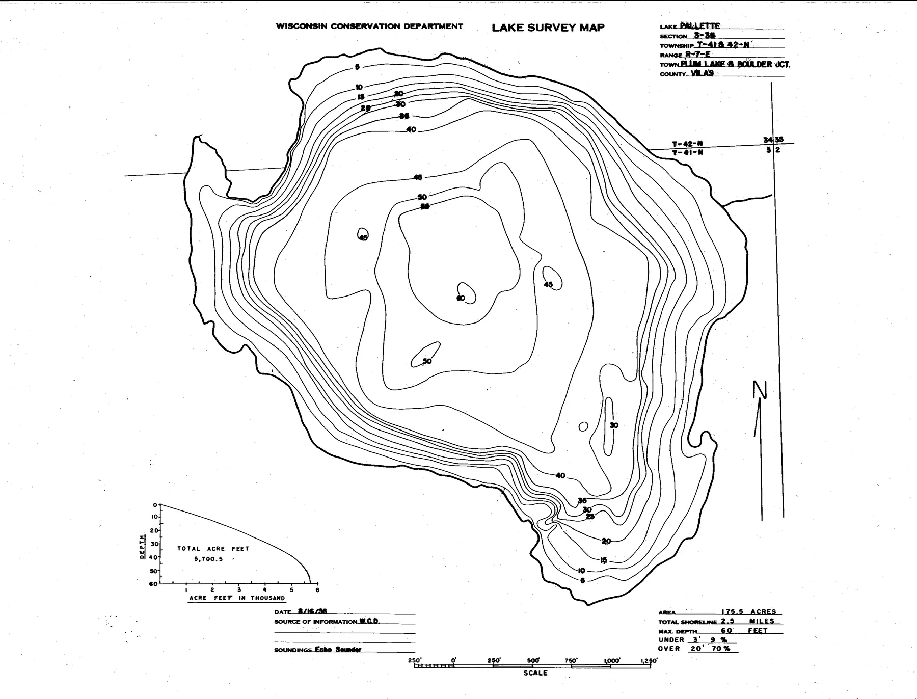 Pallette Lake historical Wisconsin DNR depth map sheet 1