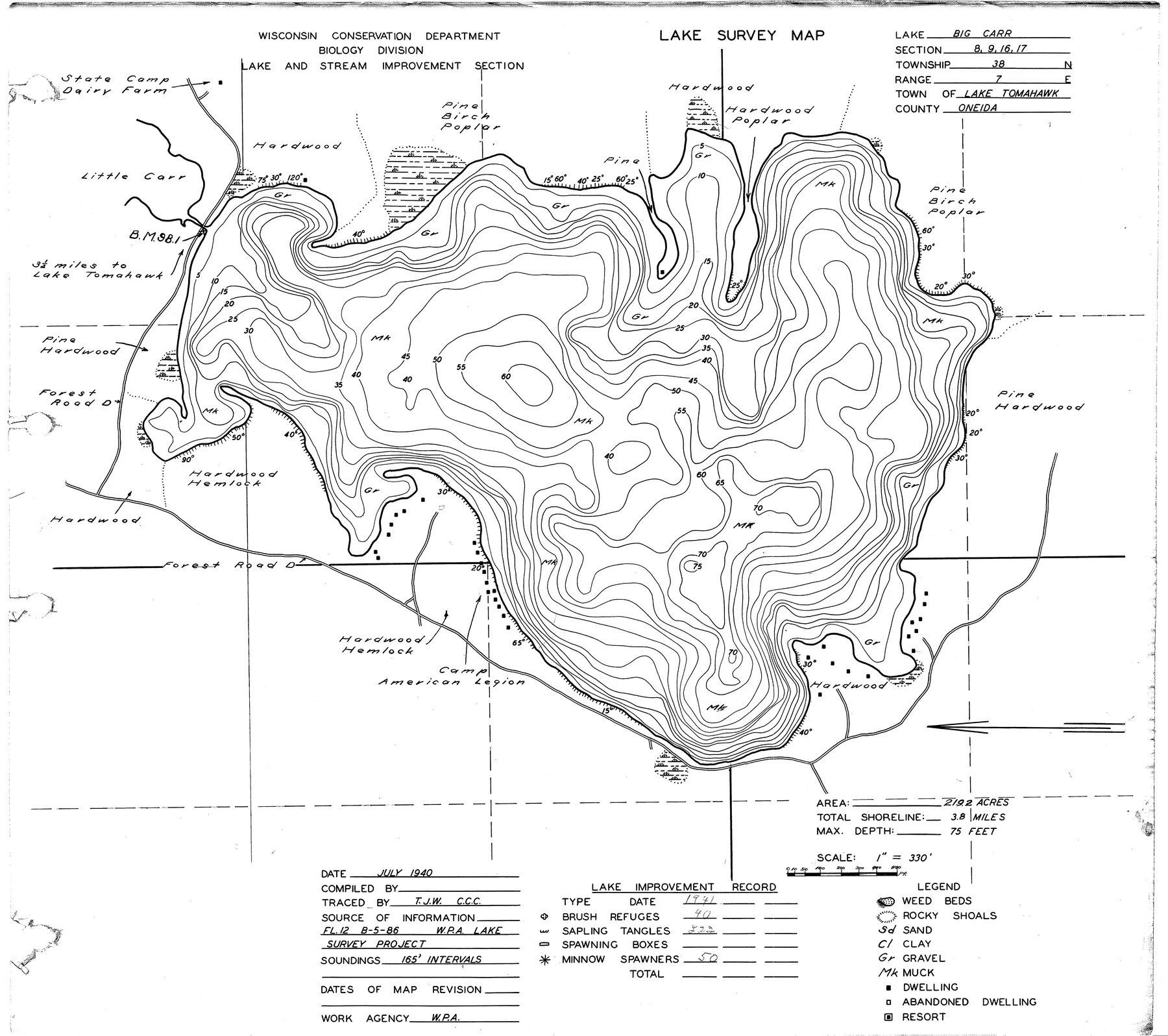 Big Carr Lake historical Wisconsin DNR depth map sheet 1