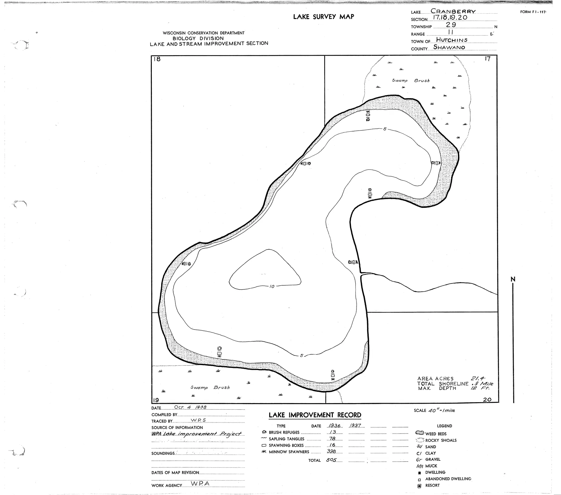 Cranberry Lake historical Wisconsin DNR depth map sheet 1