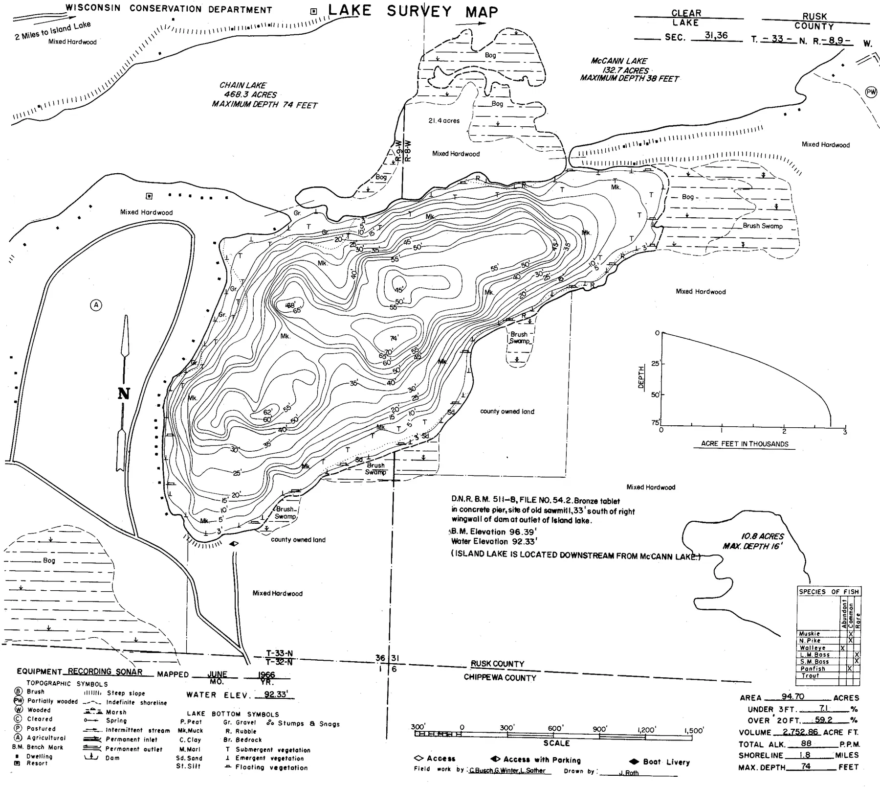 Clear Lake historical Wisconsin DNR depth map sheet 1
