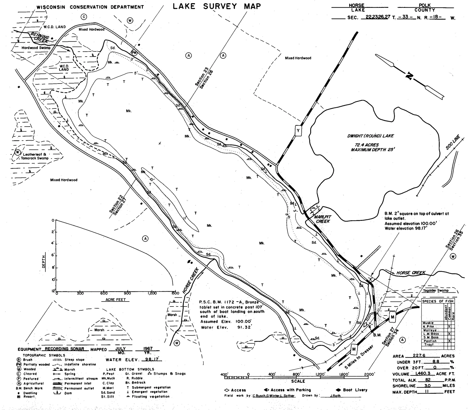 Horse Lake historical Wisconsin DNR depth map sheet 1