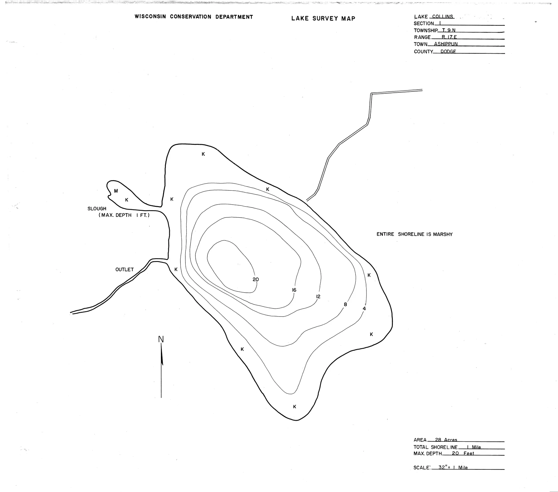 Collins Lake historical Wisconsin DNR depth map sheet 1