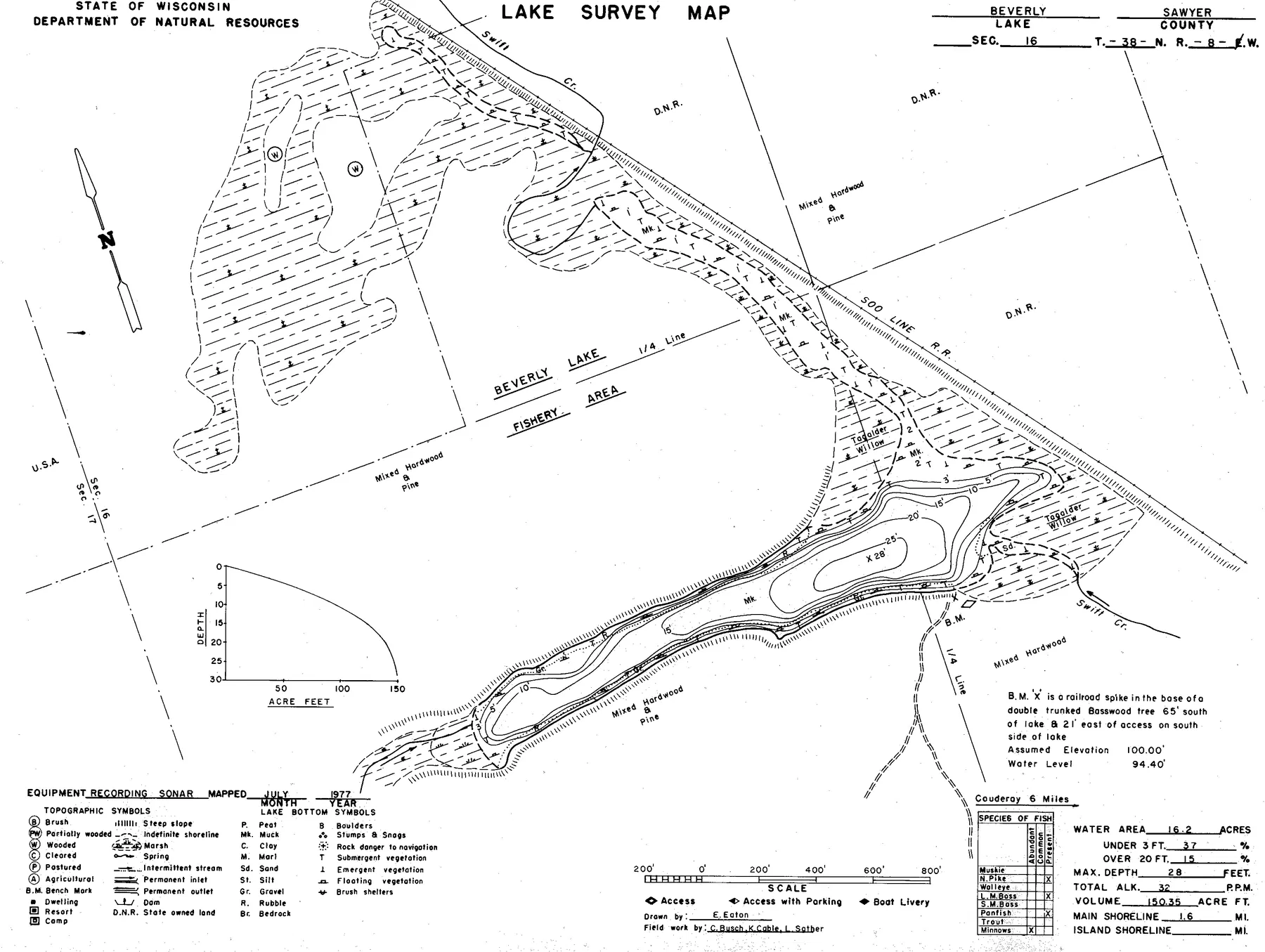 Beverly Lake historical Wisconsin DNR depth map sheet 1