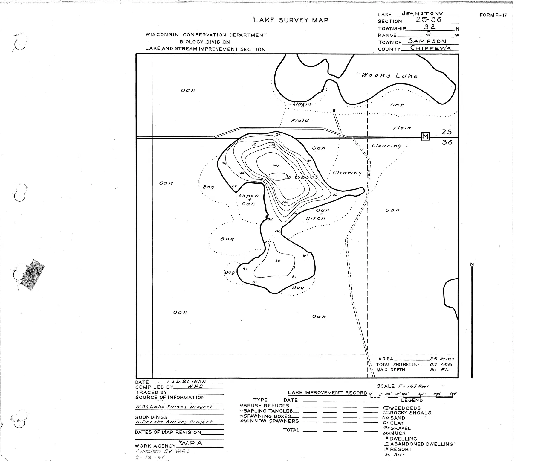 Jeanstow Lake historical Wisconsin DNR depth map sheet 1