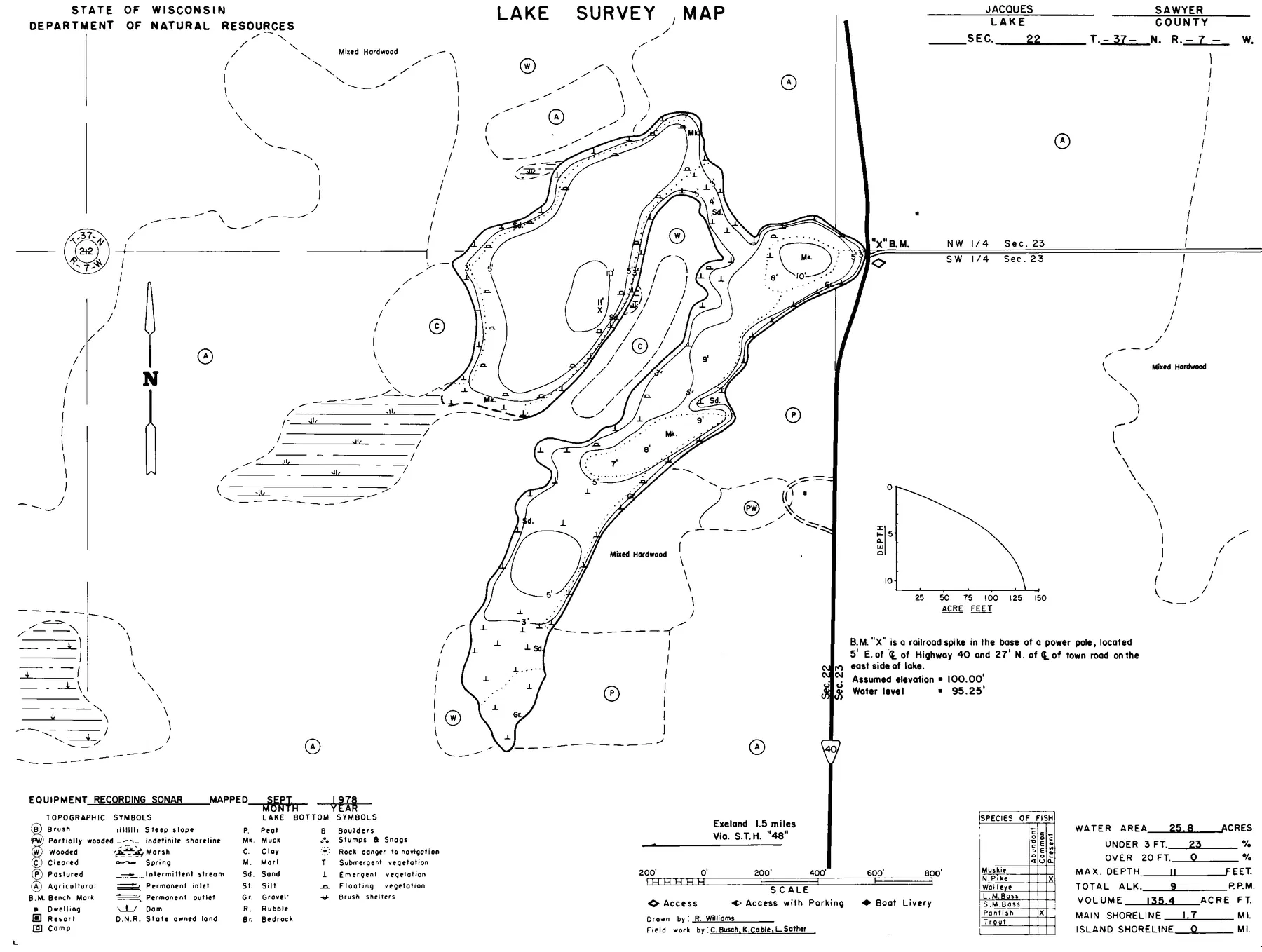 Jacques Lake historical Wisconsin DNR depth map sheet 1