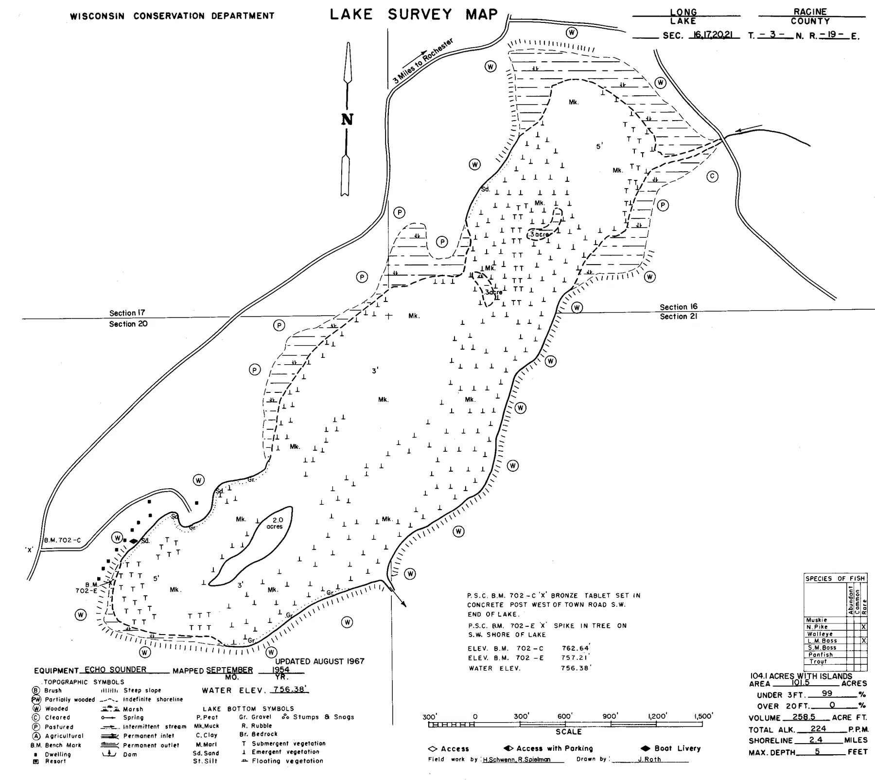 Long Lake historical Wisconsin DNR depth map sheet 1