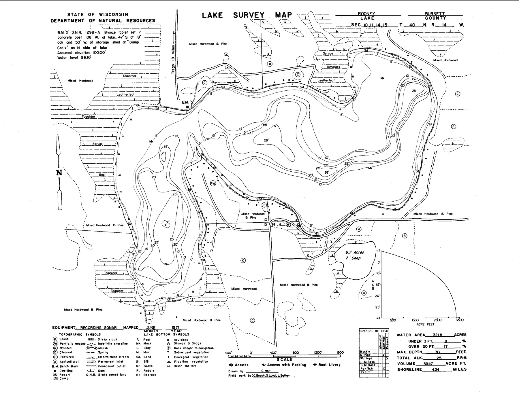 Rooney Lake historical Wisconsin DNR depth map sheet 1