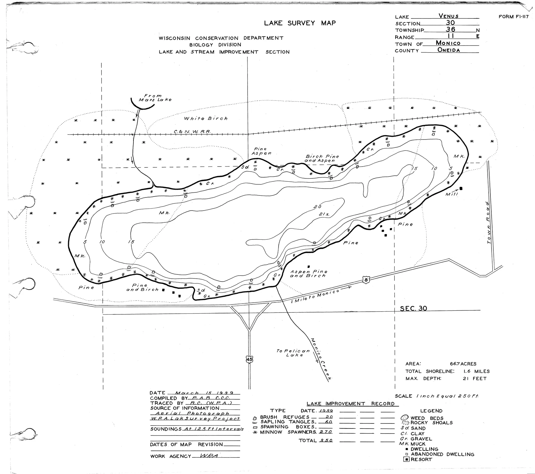 Venus Lake historical Wisconsin DNR depth map sheet 1