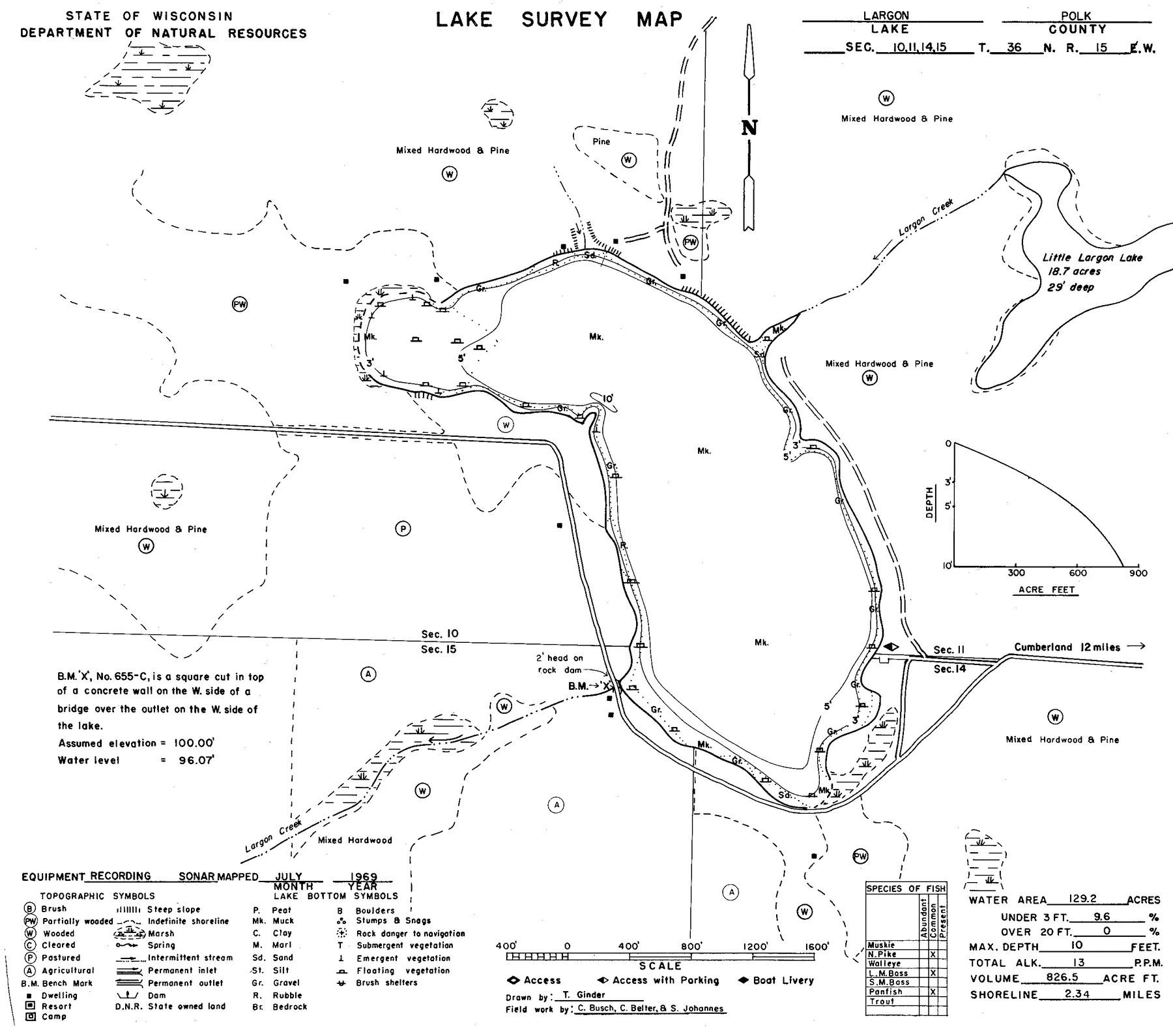 Largon Lake historical Wisconsin DNR depth map sheet 1