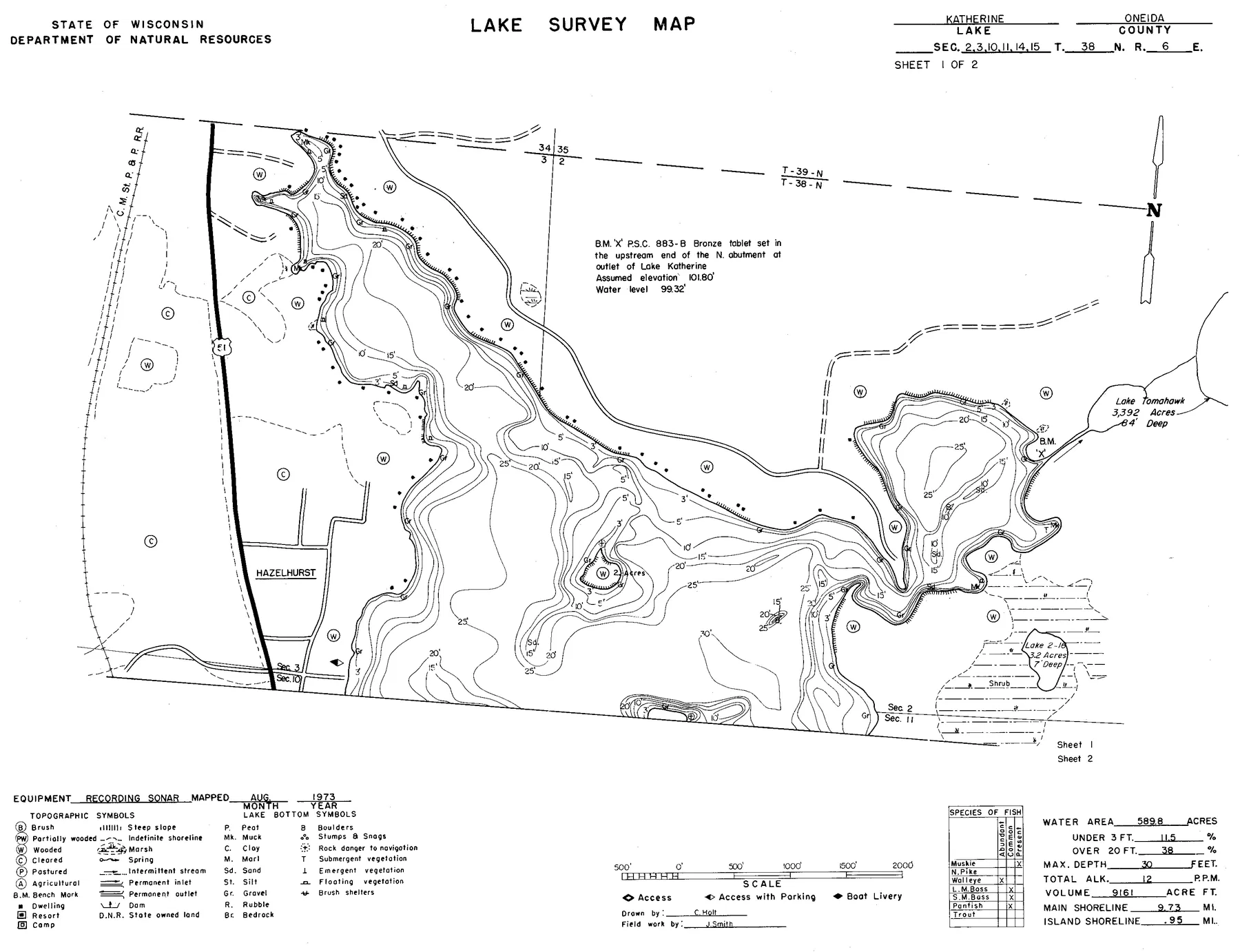 Katherine Lake historical Wisconsin DNR depth map sheet 1