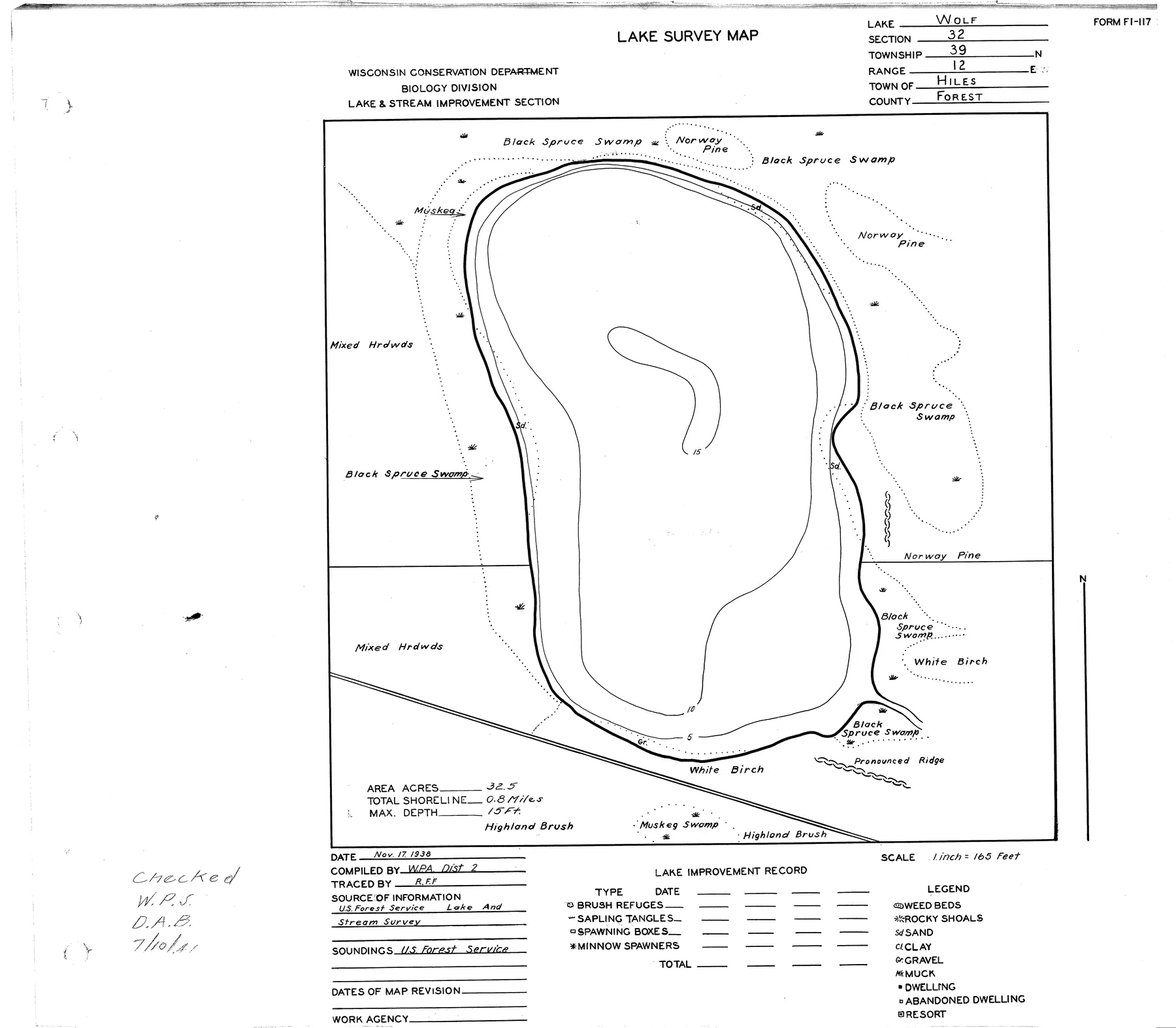 Wolf Lake historical Wisconsin DNR depth map sheet 1