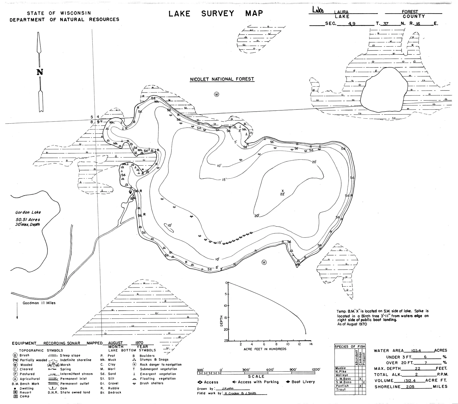 Lake Laura historical Wisconsin DNR depth map sheet 1