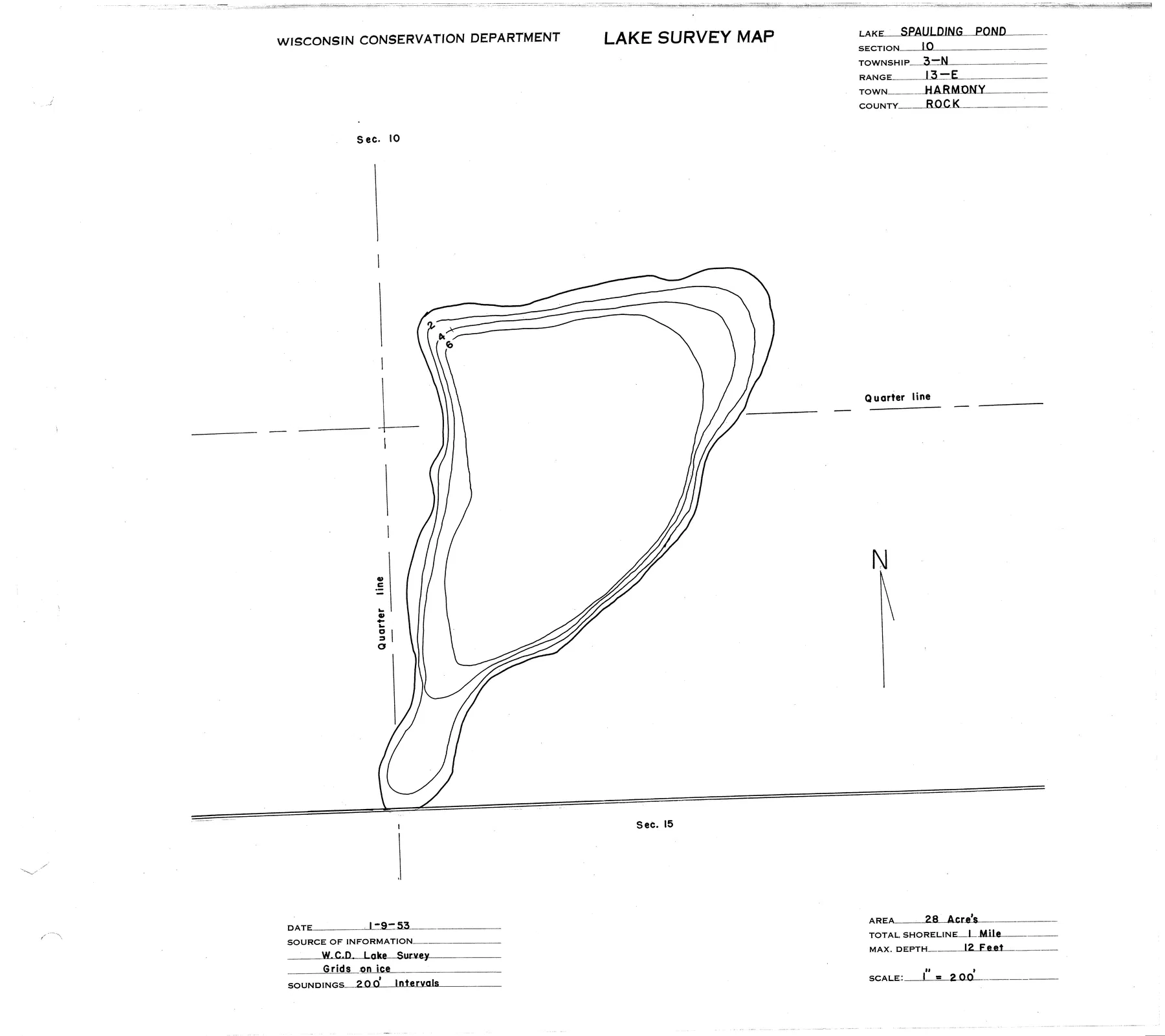 Spauldings Pond historical Wisconsin DNR depth map sheet 1