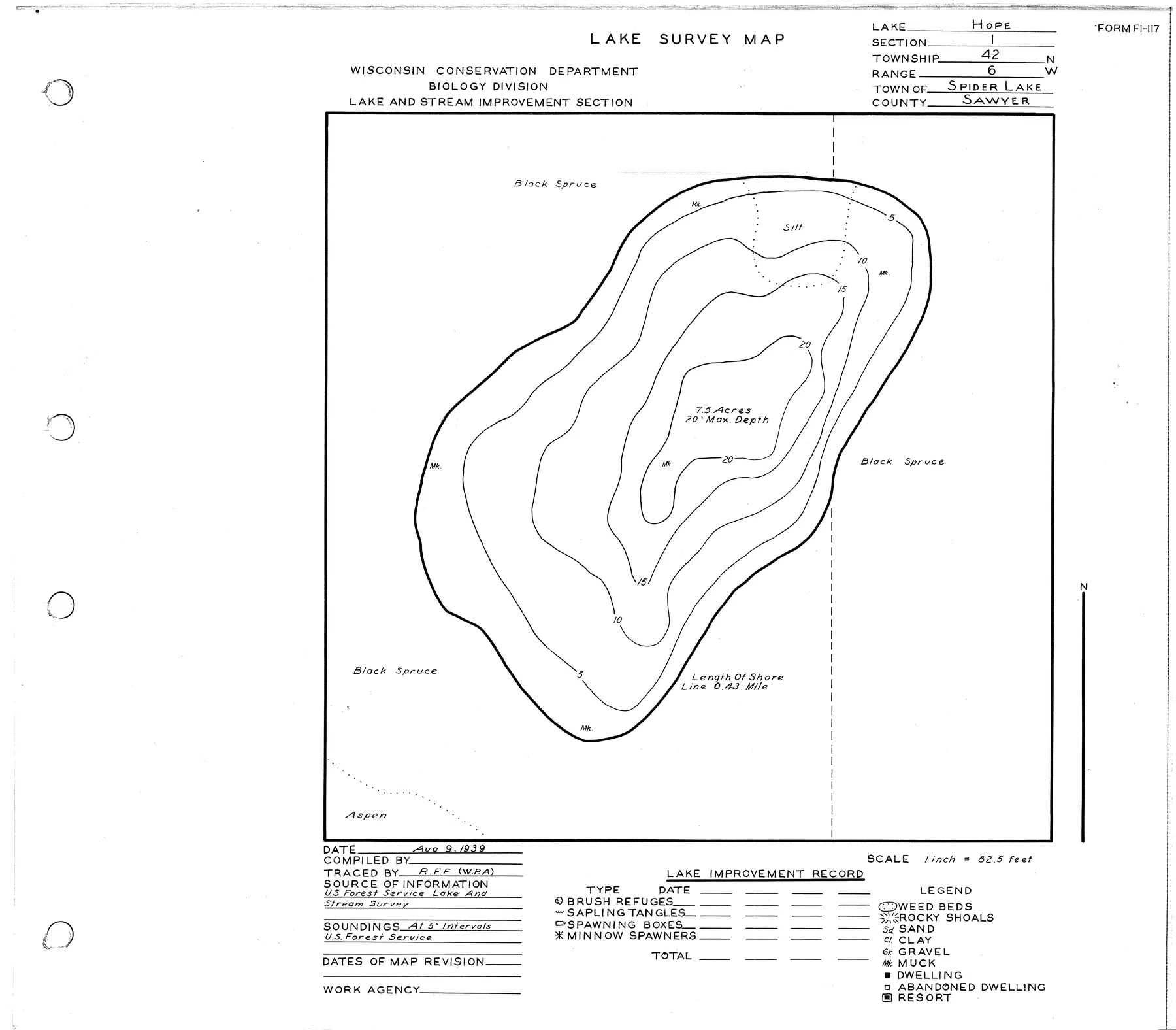 Hope Lake historical Wisconsin DNR depth map sheet 1