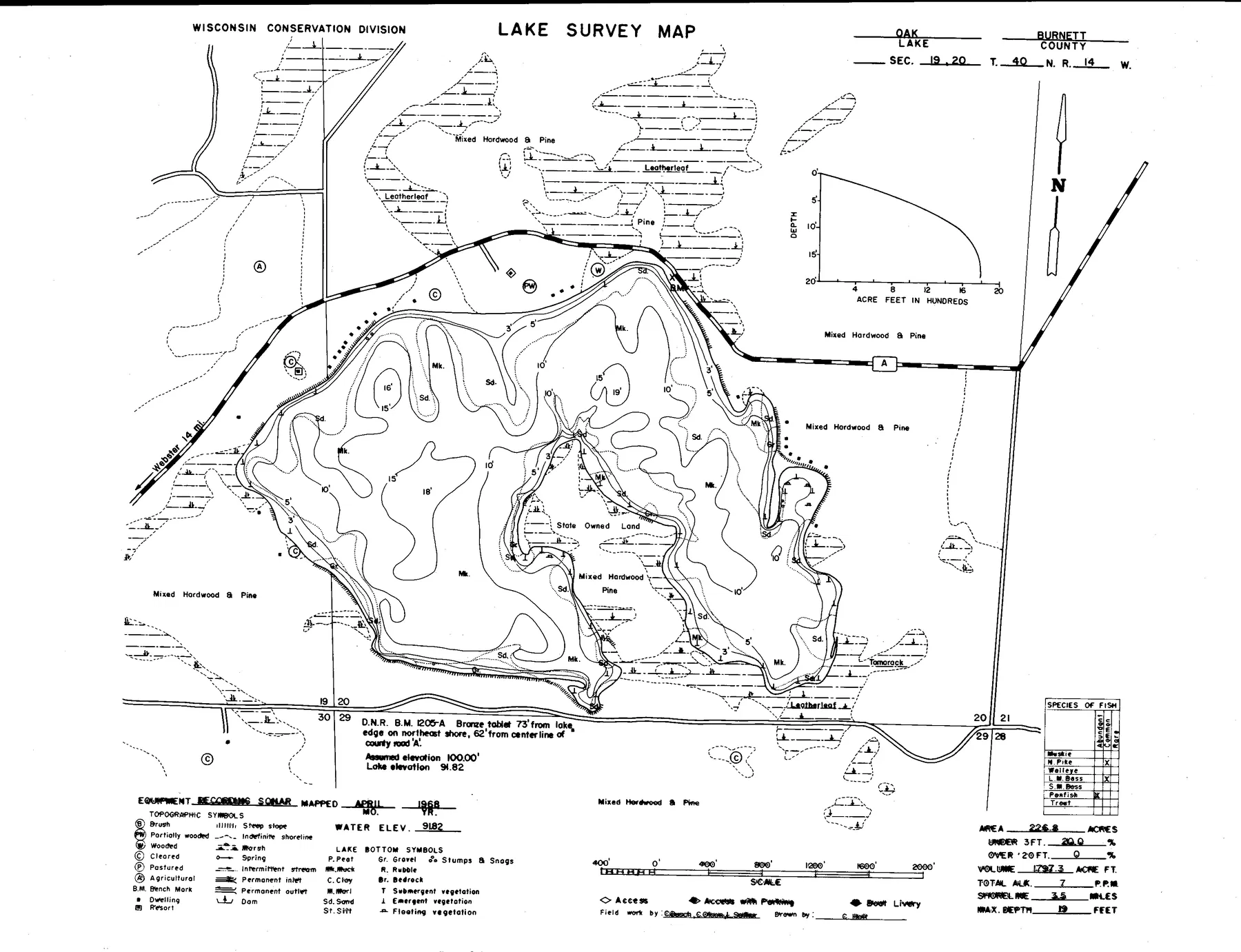 Oak Lake historical Wisconsin DNR depth map sheet 1