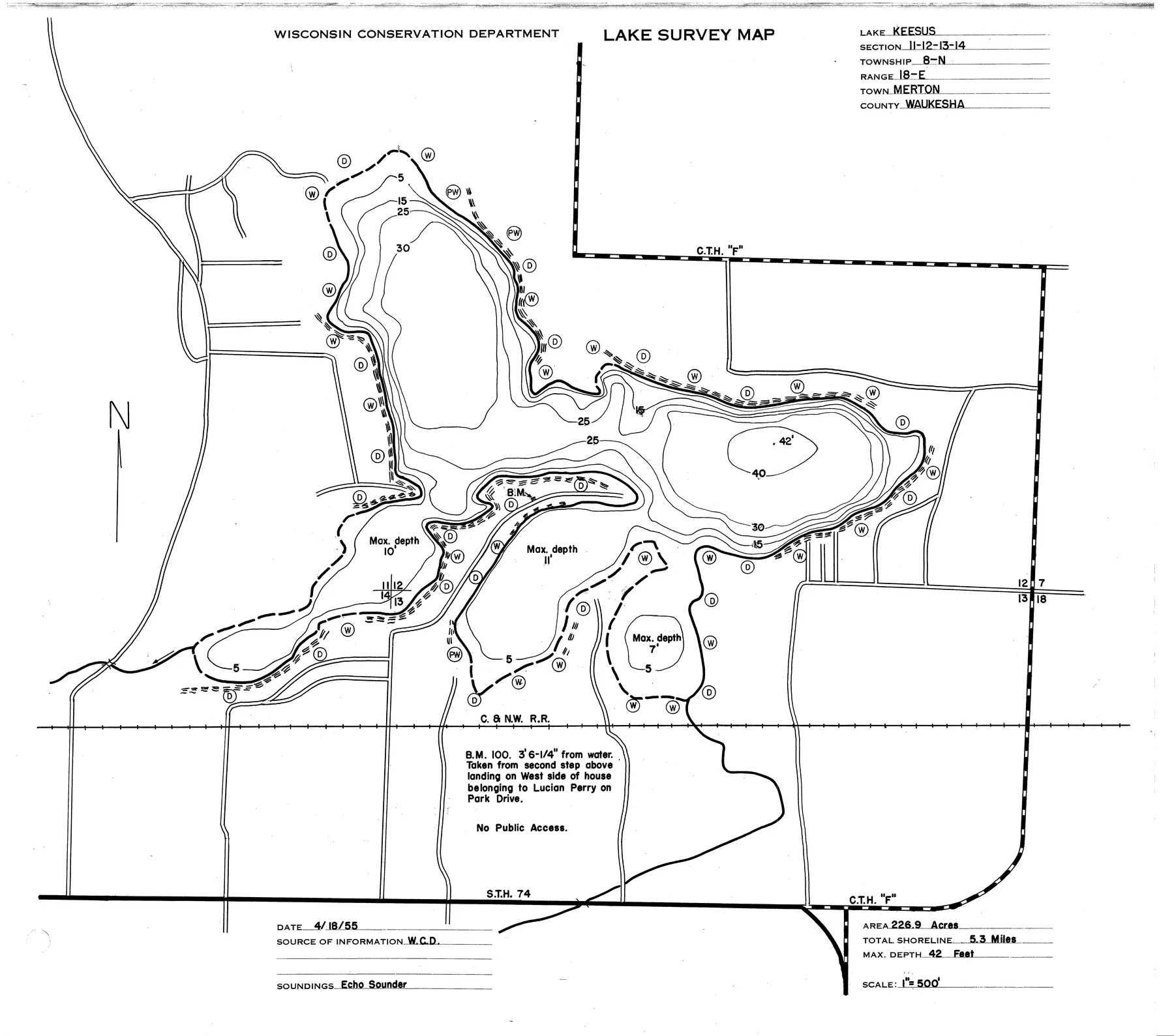 Lake Keesus historical Wisconsin DNR depth map sheet 1