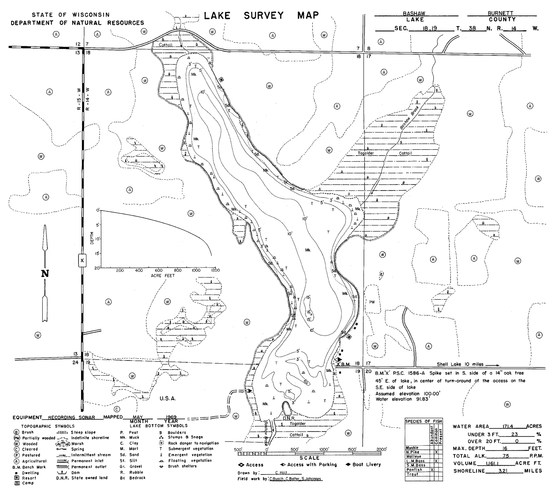 Bashaw Lake historical Wisconsin DNR depth map sheet 1
