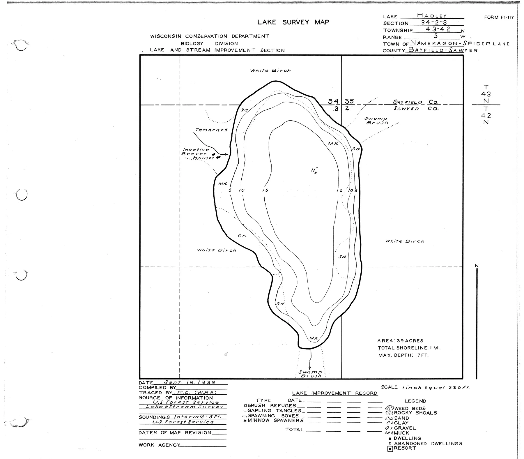 Hadley Lake historical Wisconsin DNR depth map sheet 1