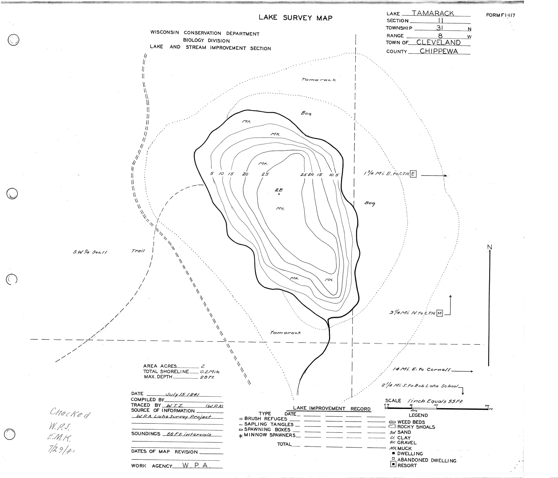 Tamarack Lake historical Wisconsin DNR depth map sheet 1