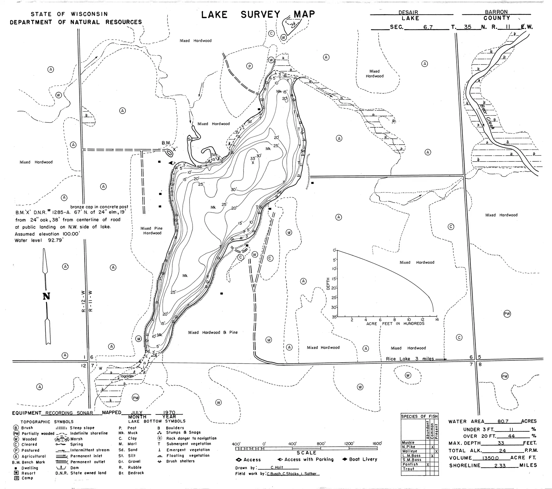 Lake Desair historical Wisconsin DNR depth map sheet 1