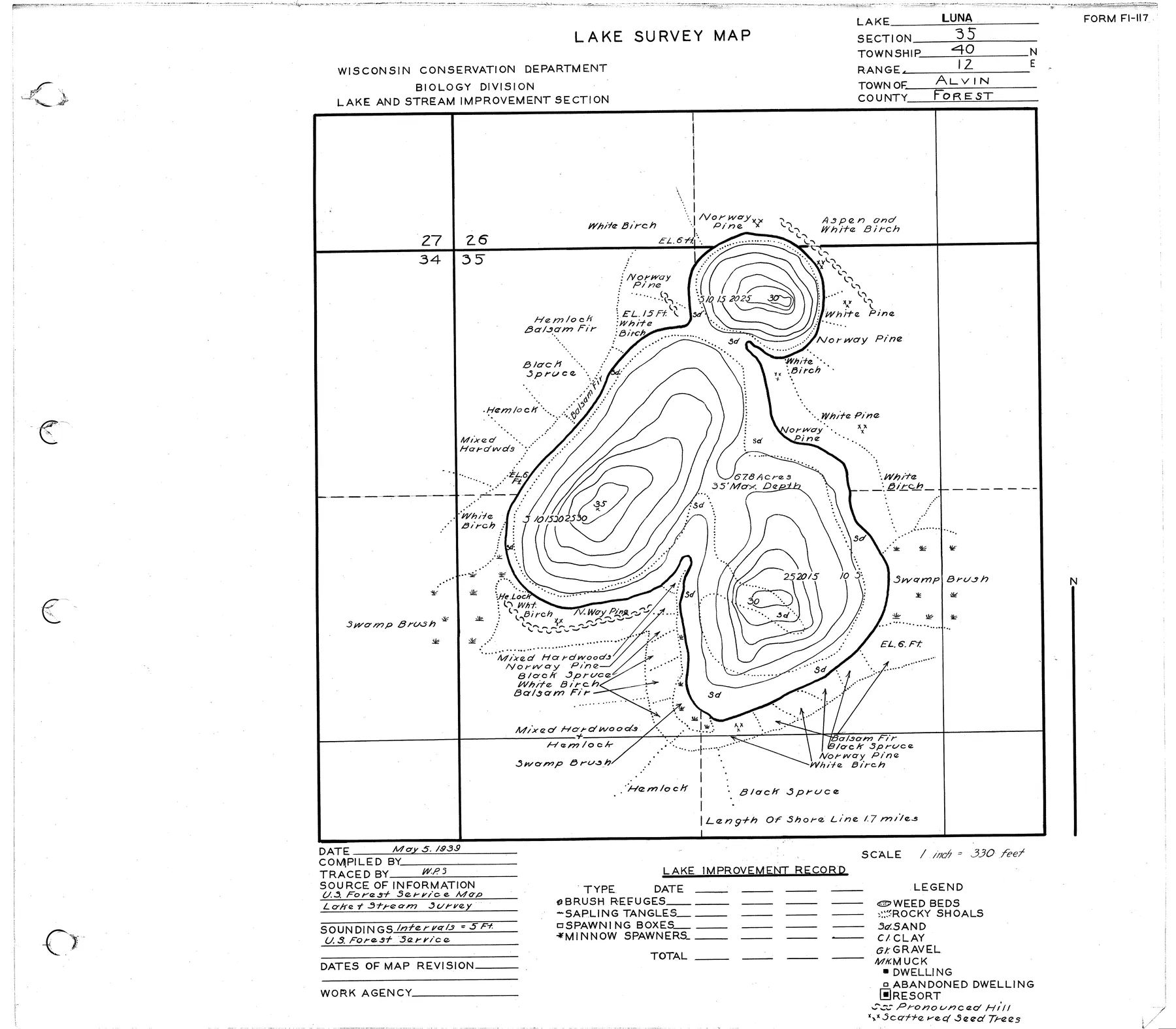 Luna Lake historical Wisconsin DNR depth map sheet 1