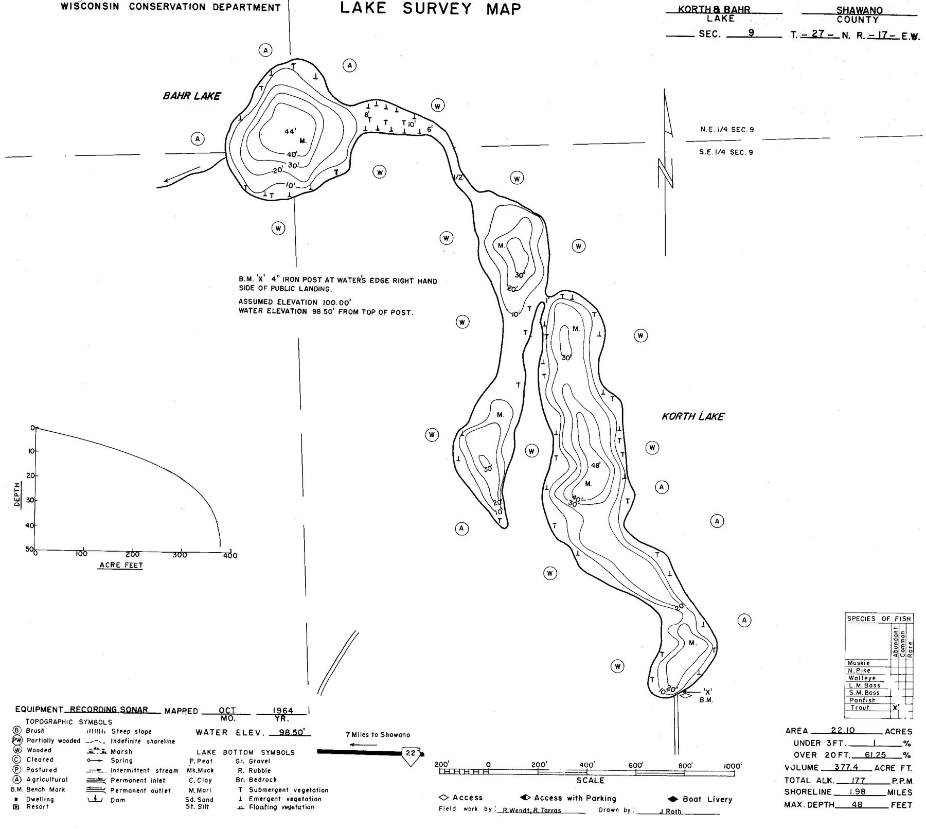 Korth Lake historical Wisconsin DNR depth map sheet 1