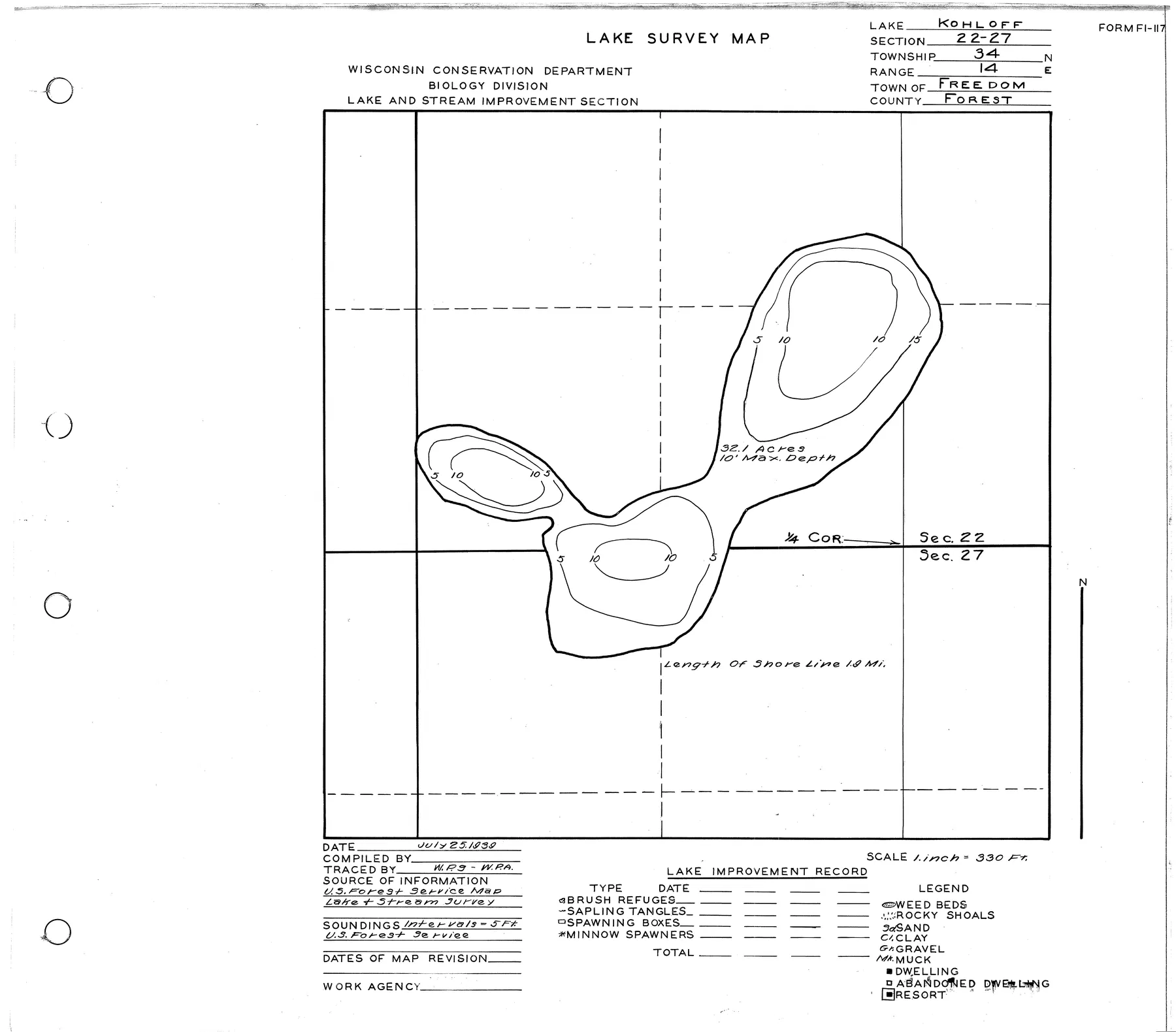 Kohlhoff Lake historical Wisconsin DNR depth map sheet 1