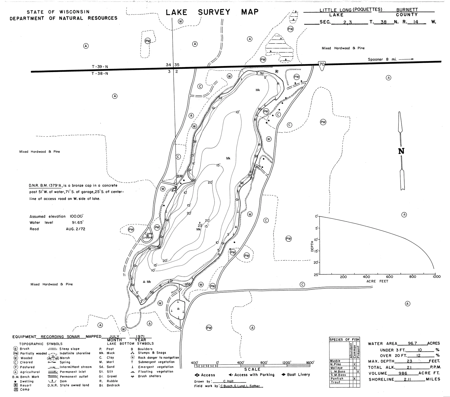 Poquettes Lake historical Wisconsin DNR depth map sheet 1