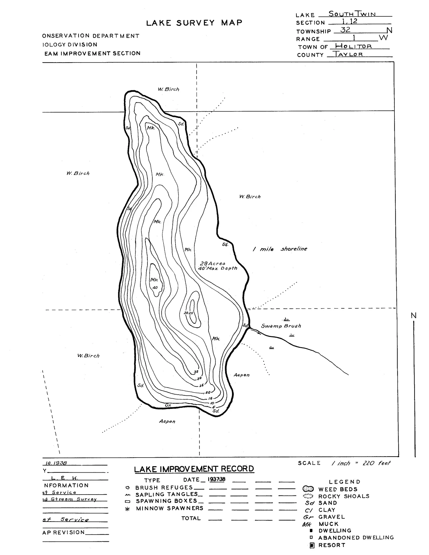 South Twin Lake historical Wisconsin DNR depth map sheet 1