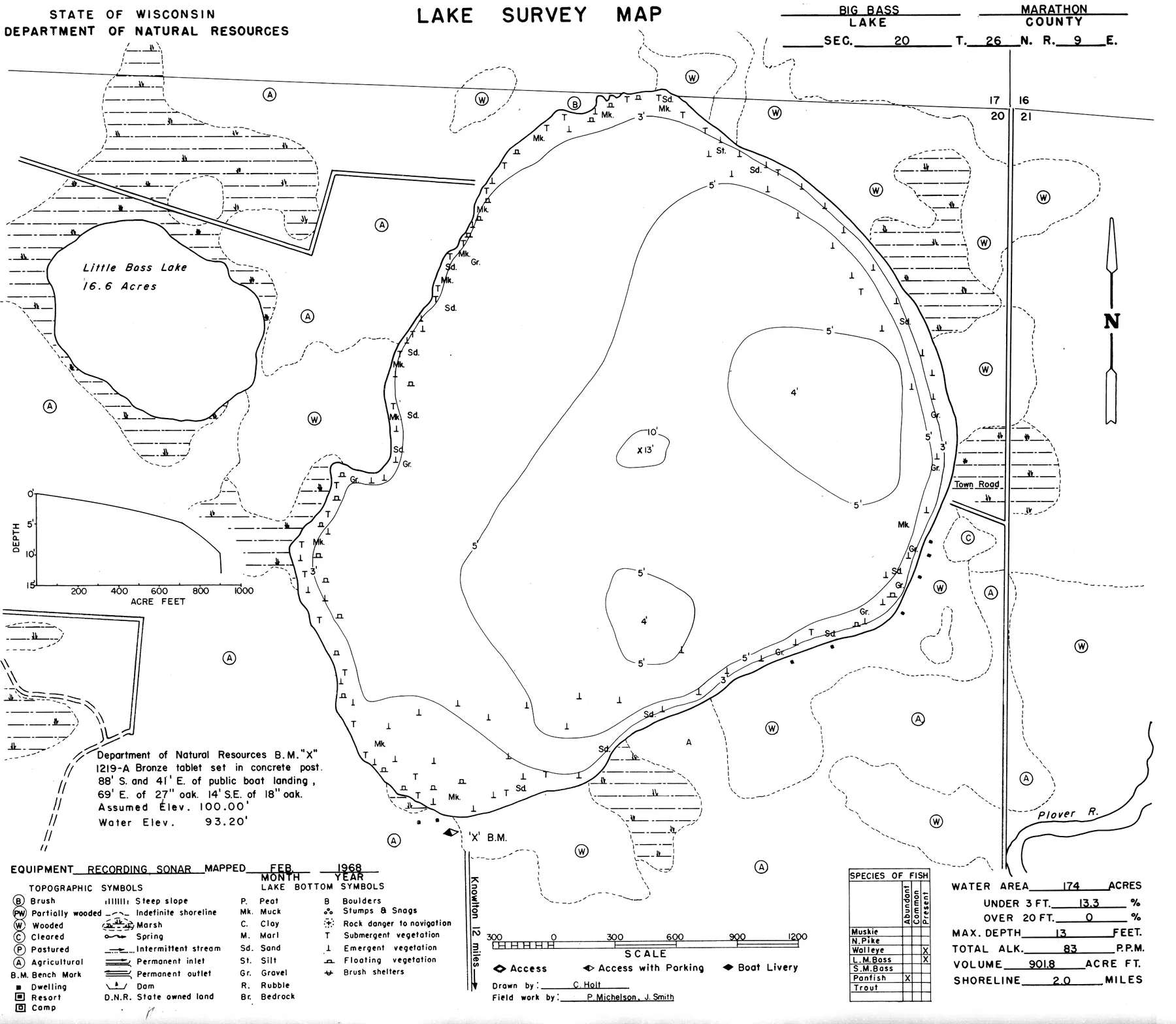 Big Bass Lake historical Wisconsin DNR depth map sheet 1