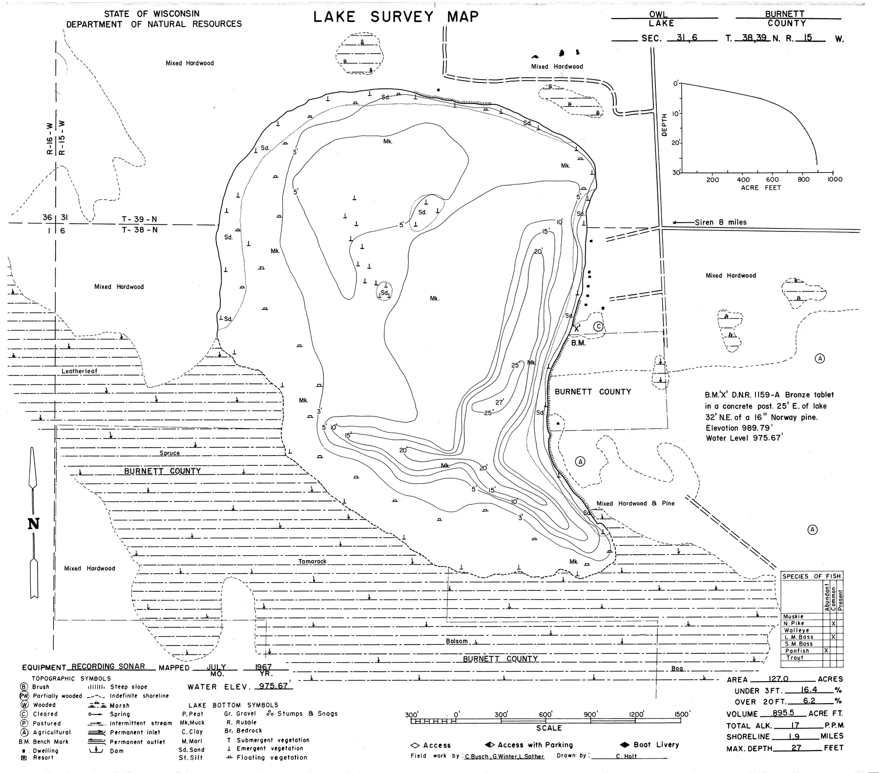 Owl Lake historical Wisconsin DNR depth map sheet 1
