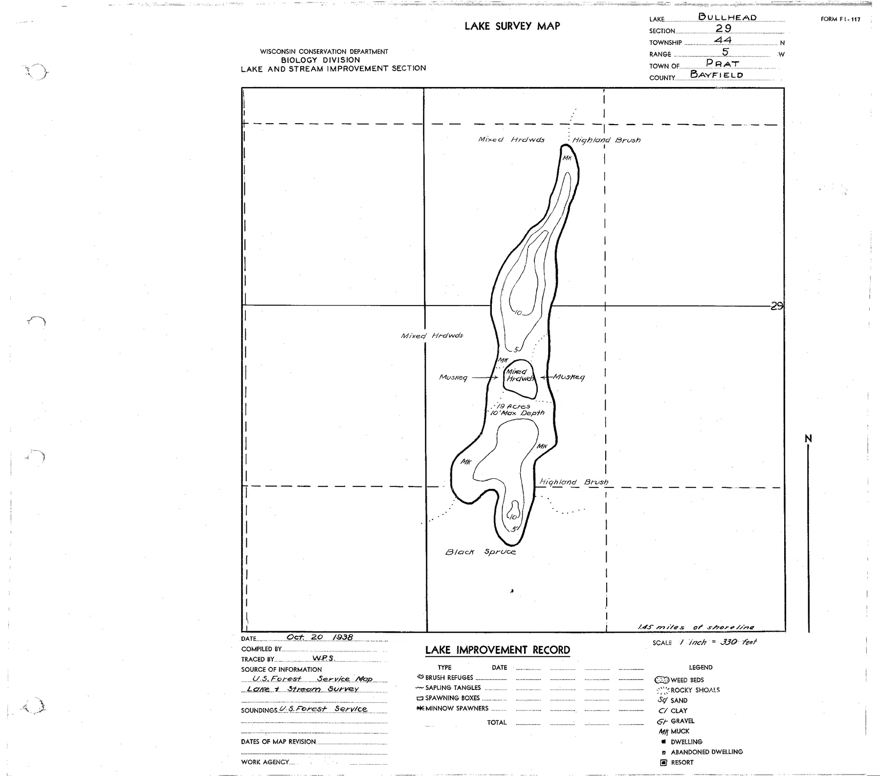 Bullhead Lake historical Wisconsin DNR depth map sheet 1