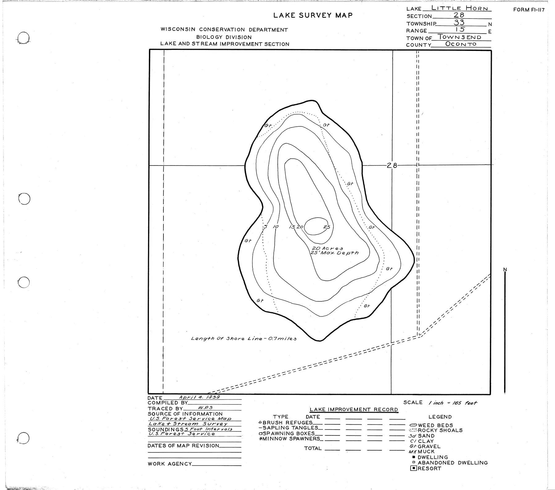 Little Horn Lake historical Wisconsin DNR depth map sheet 1