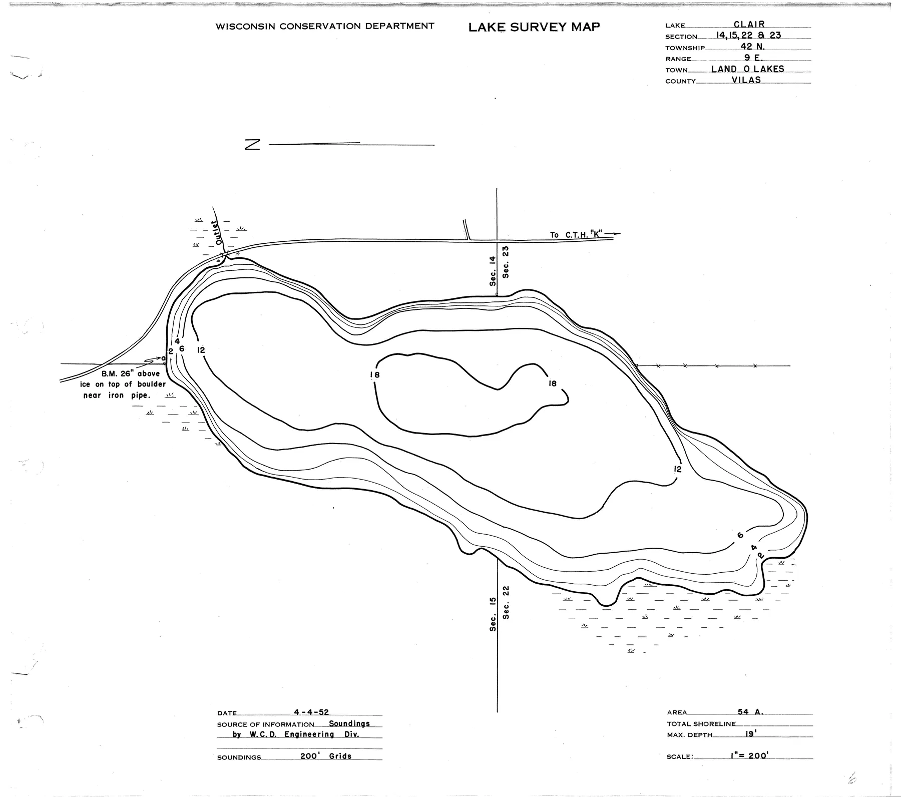 Clair Lake historical Wisconsin DNR depth map sheet 1